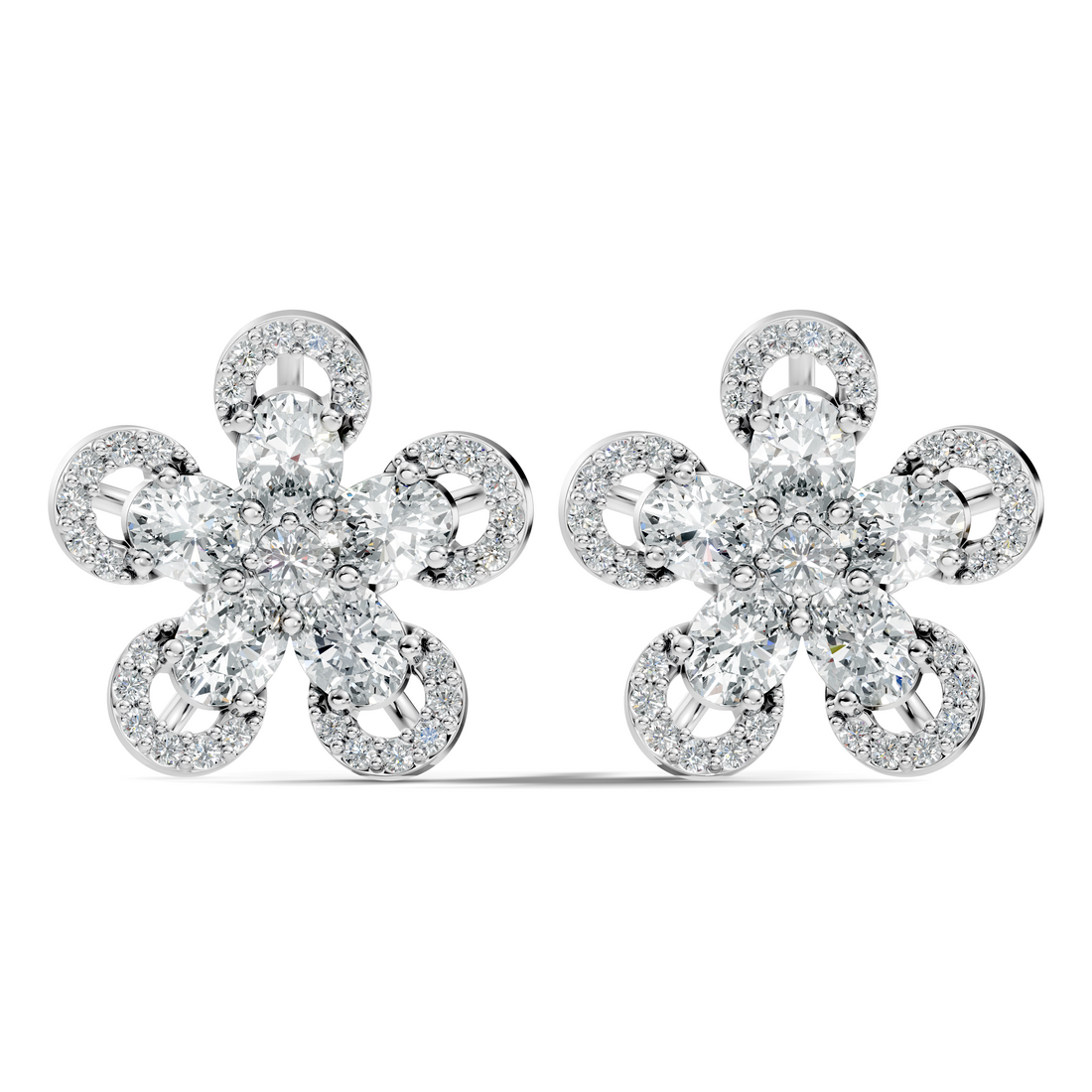 Oval & Round Diamond 5-Petal Openwork Flower Stud