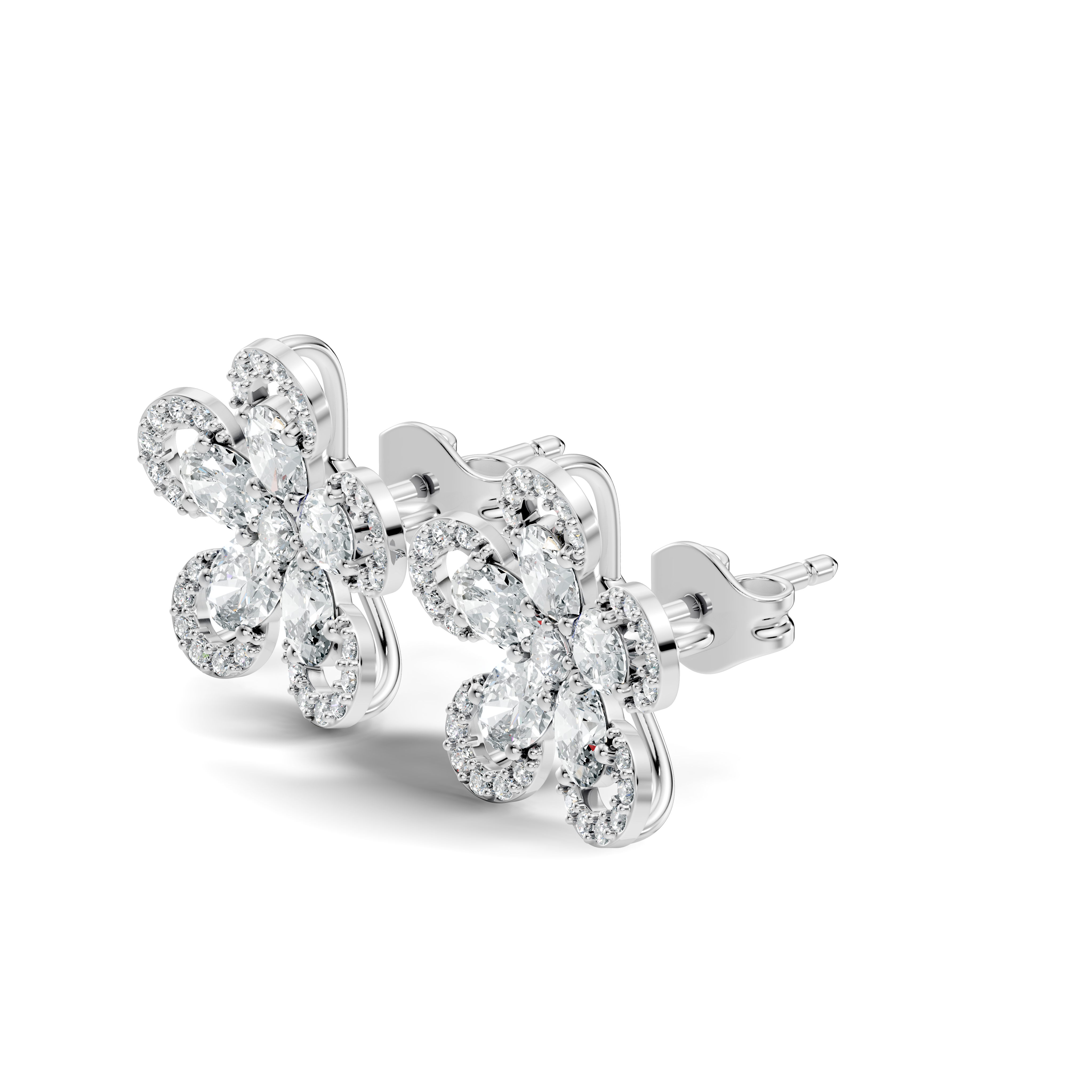 Oval & Round Diamond 5-Petal Openwork Flower Stud