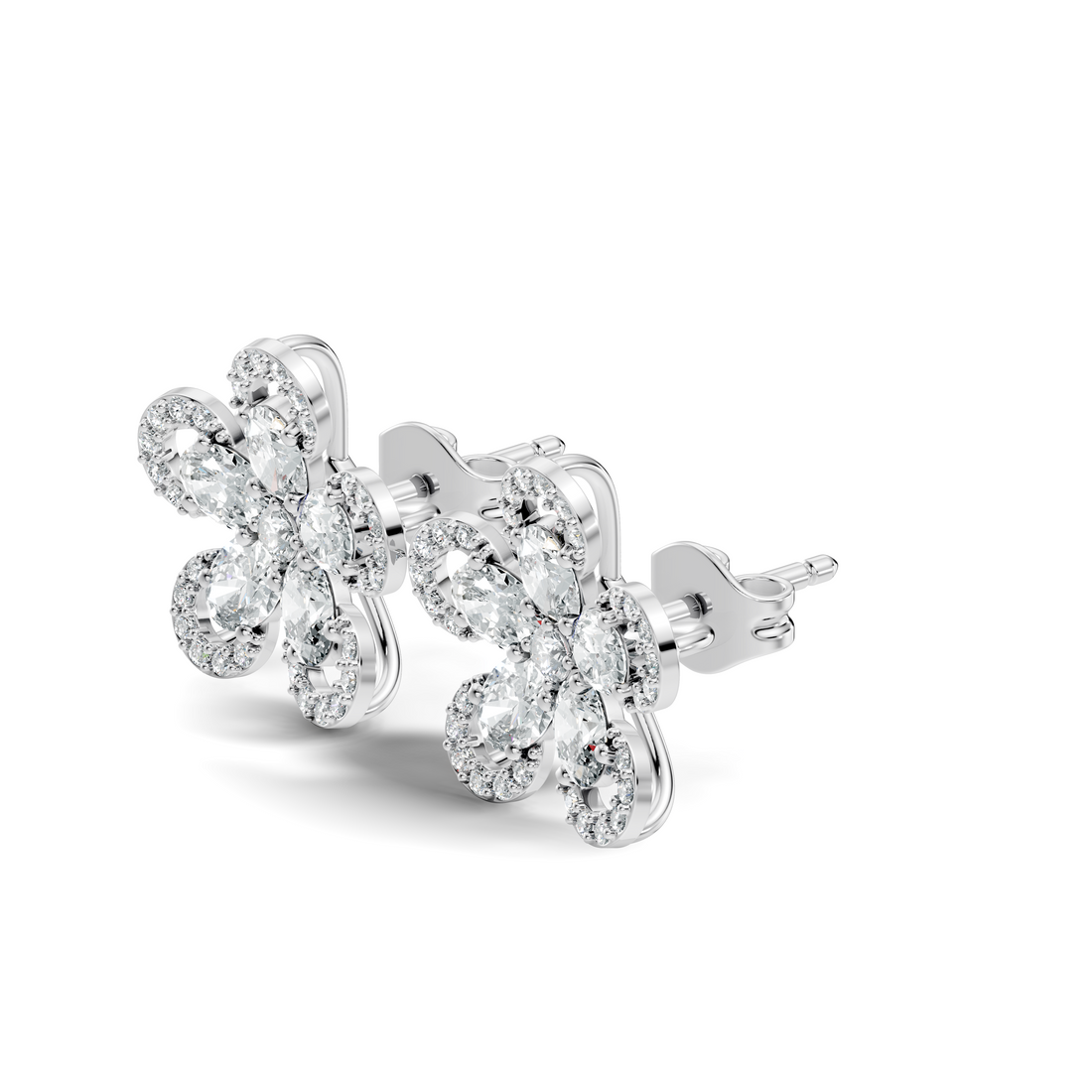 Oval & Round Diamond 5-Petal Openwork Flower Stud