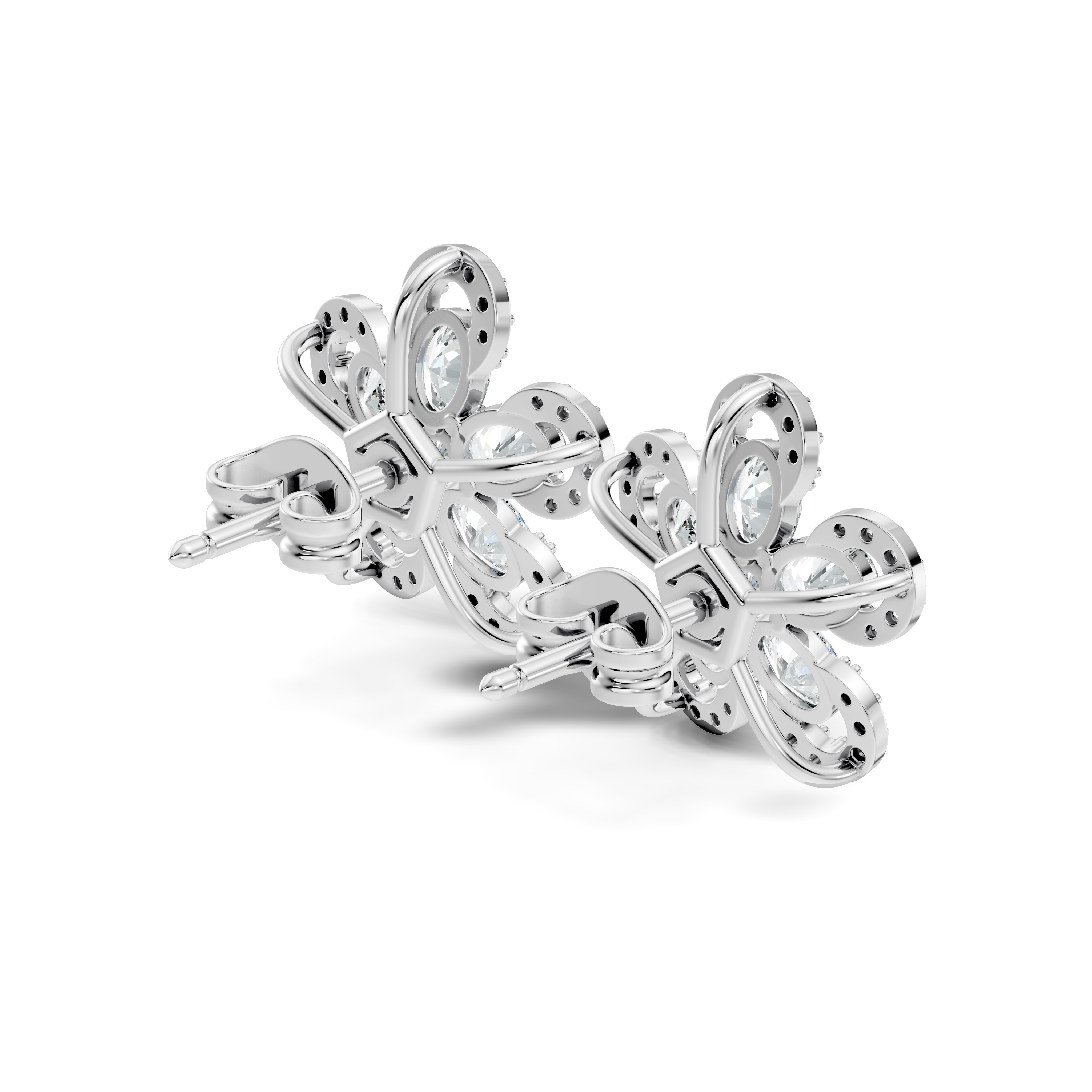 Oval & Round Diamond 5-Petal Openwork Flower Stud