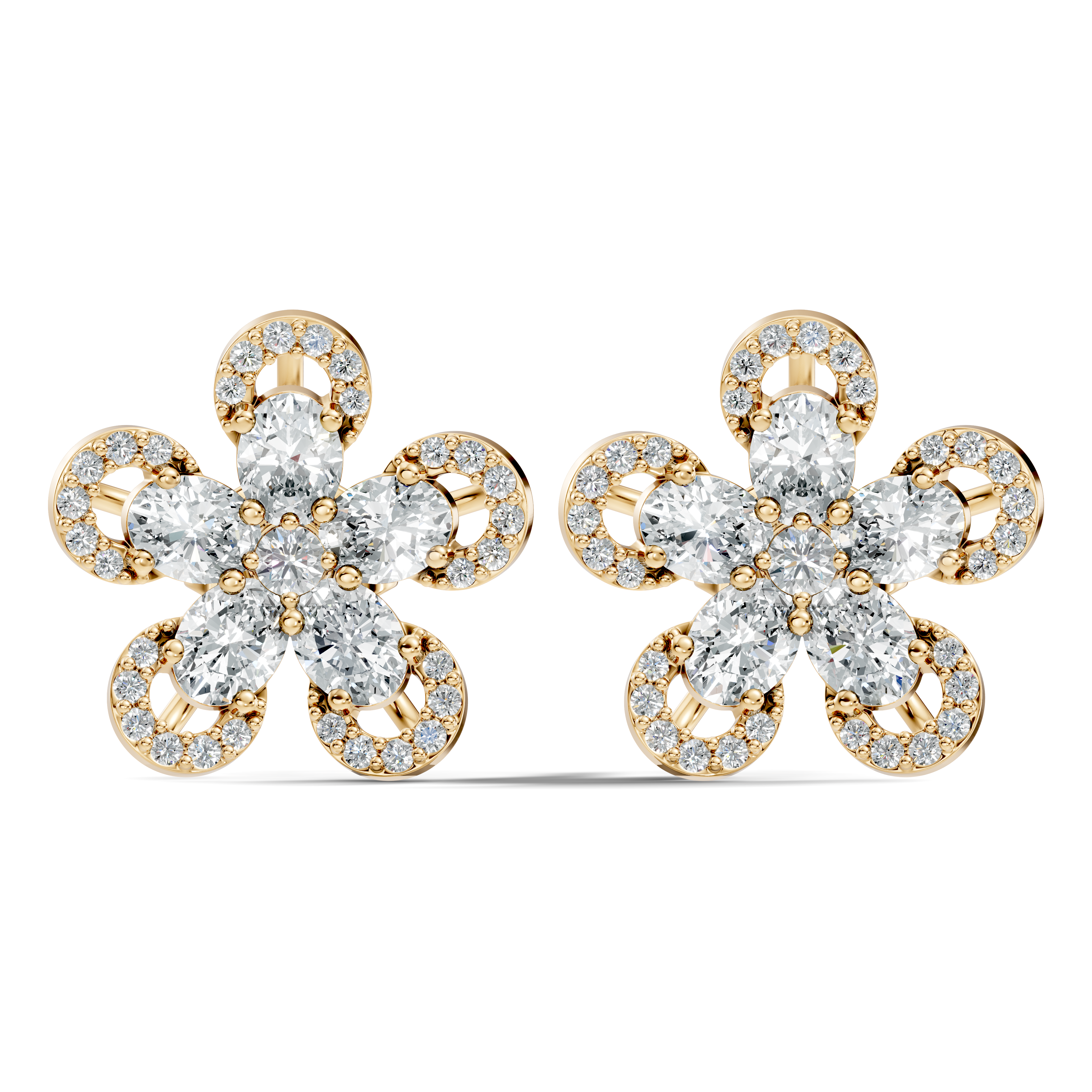 Oval & Round Diamond 5-Petal Openwork Flower Stud