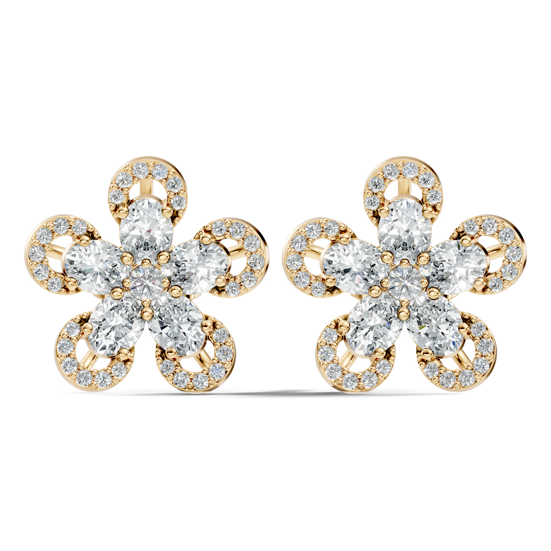 Oval & Round Diamond 5-Petal Openwork Flower Stud