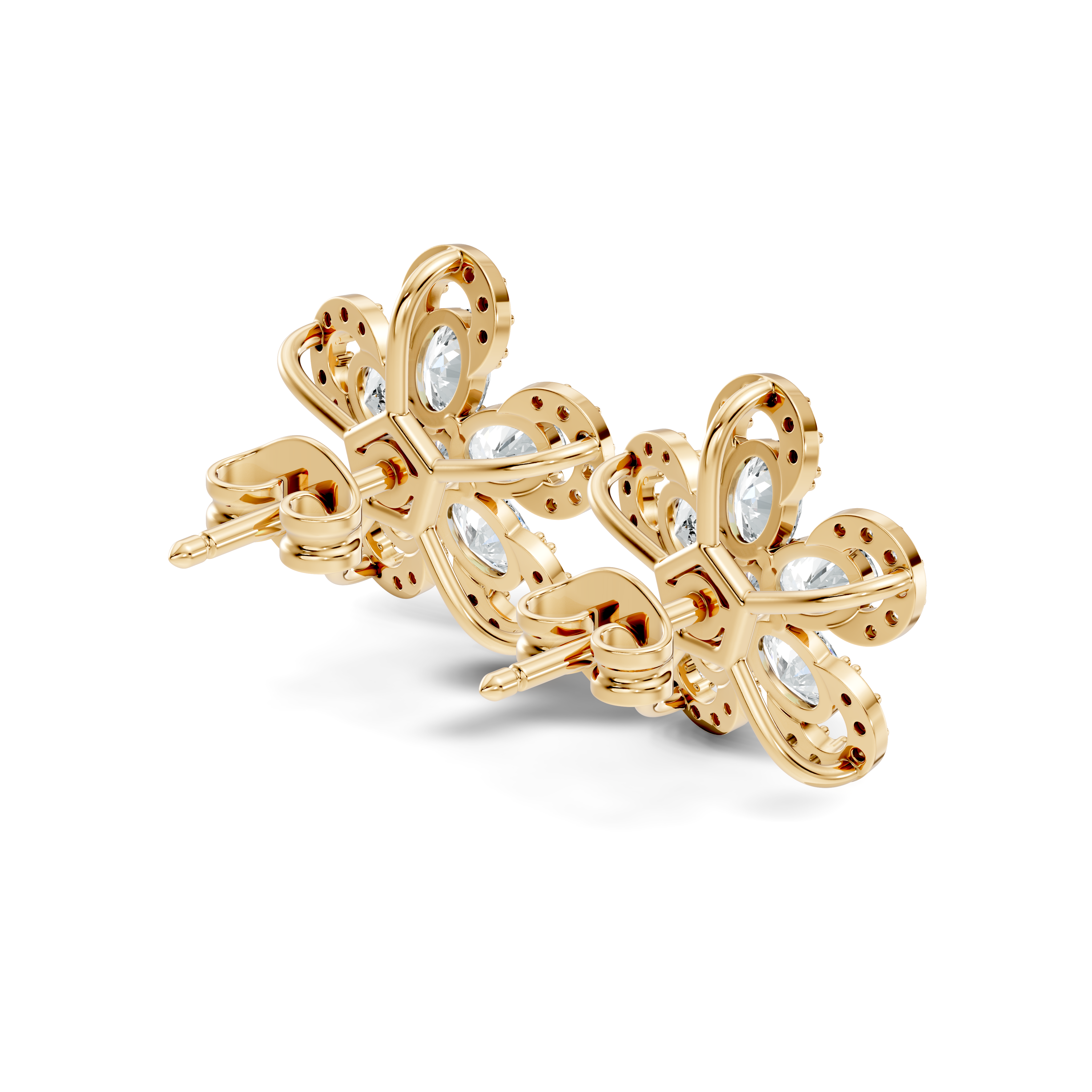 Oval & Round Diamond 5-Petal Openwork Flower Stud