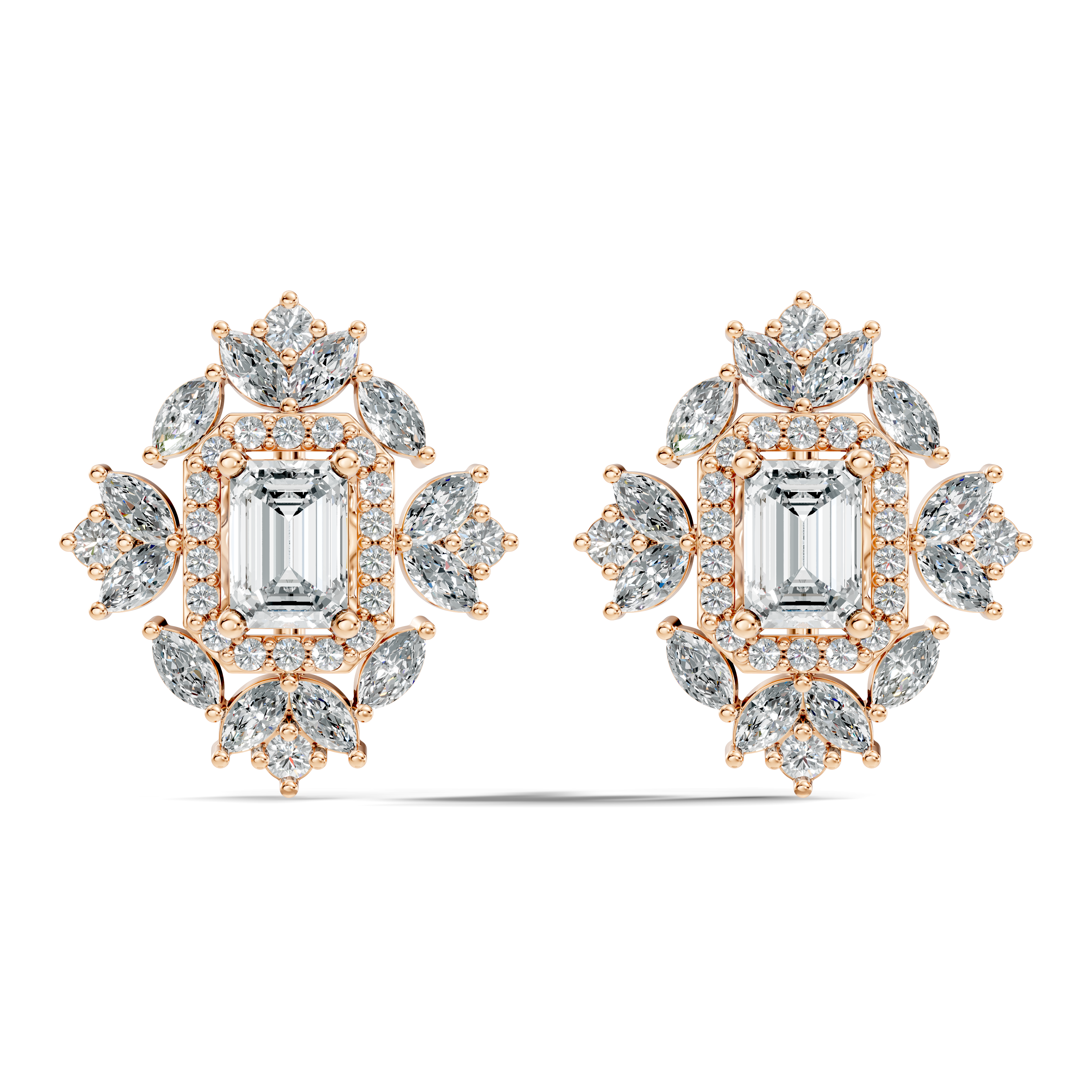 Emerald Cut Diamond Double Halo Marquise Burst Stud