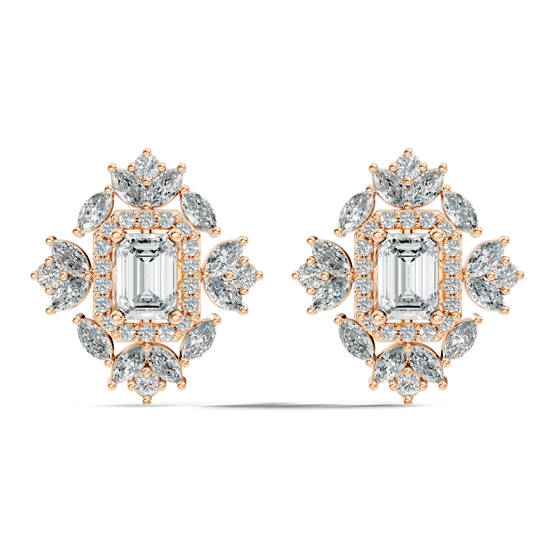 Emerald Cut Diamond Double Halo Marquise Burst Stud