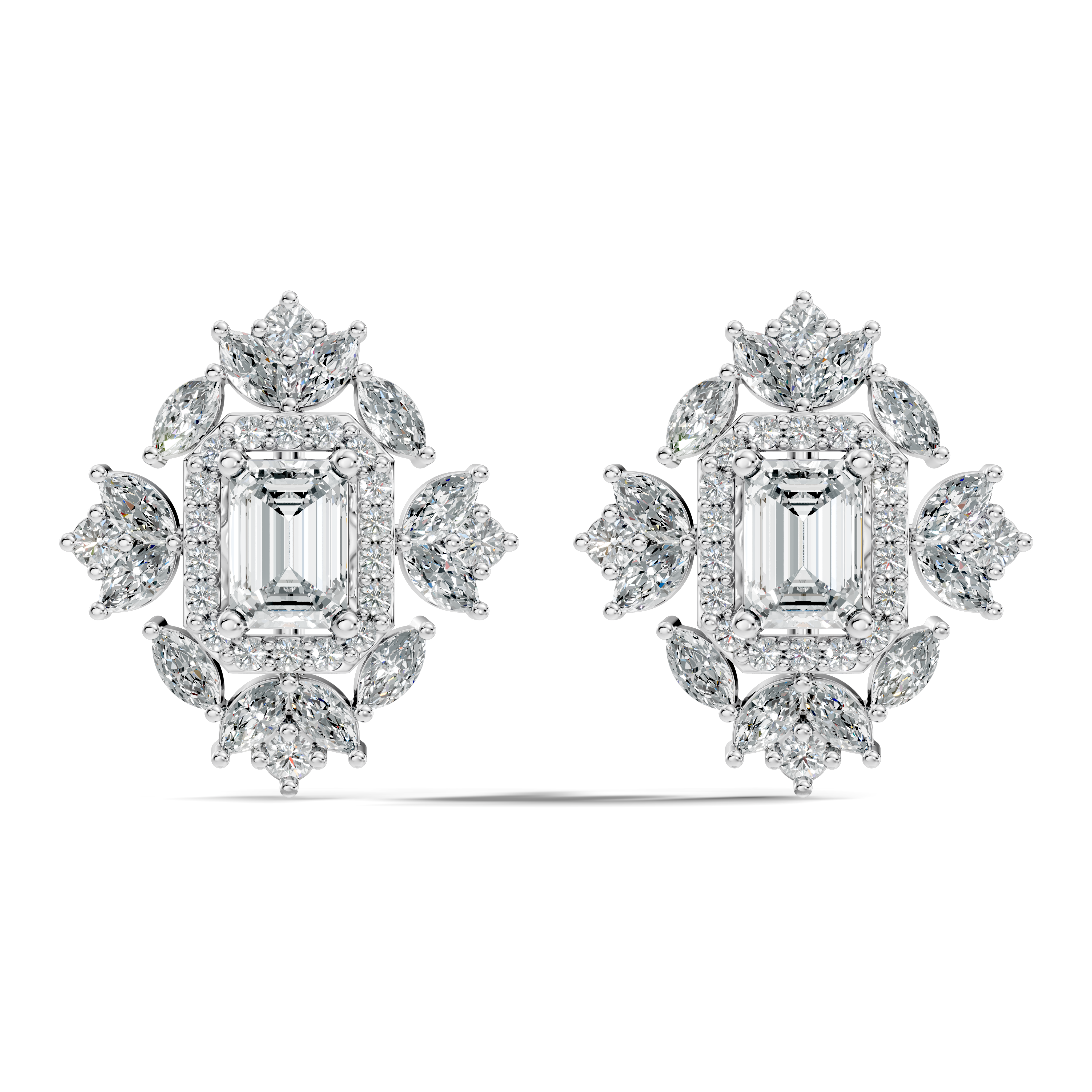 Emerald Cut Diamond Double Halo Marquise Burst Stud