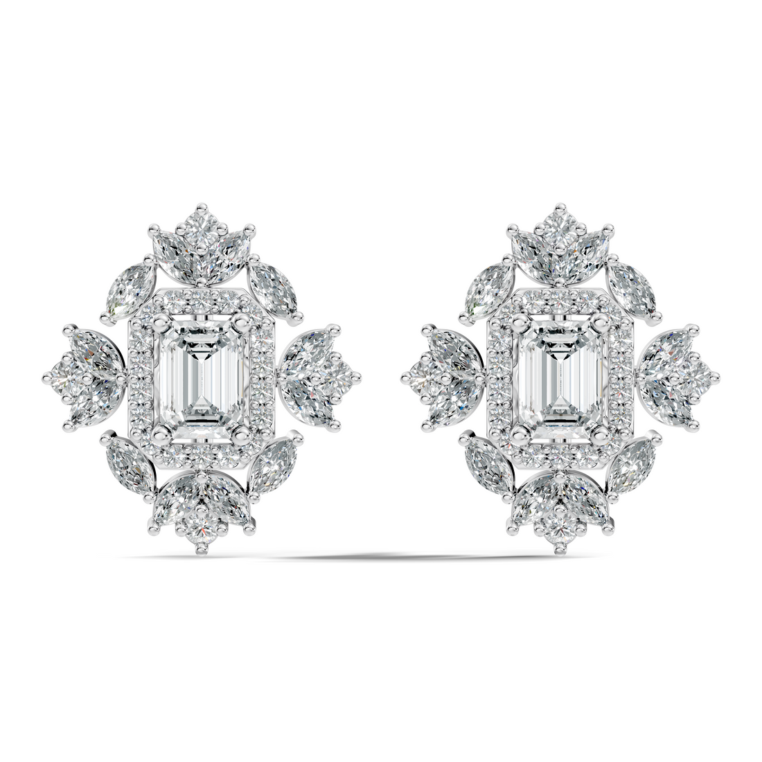 Emerald Cut Diamond Double Halo Marquise Burst Stud