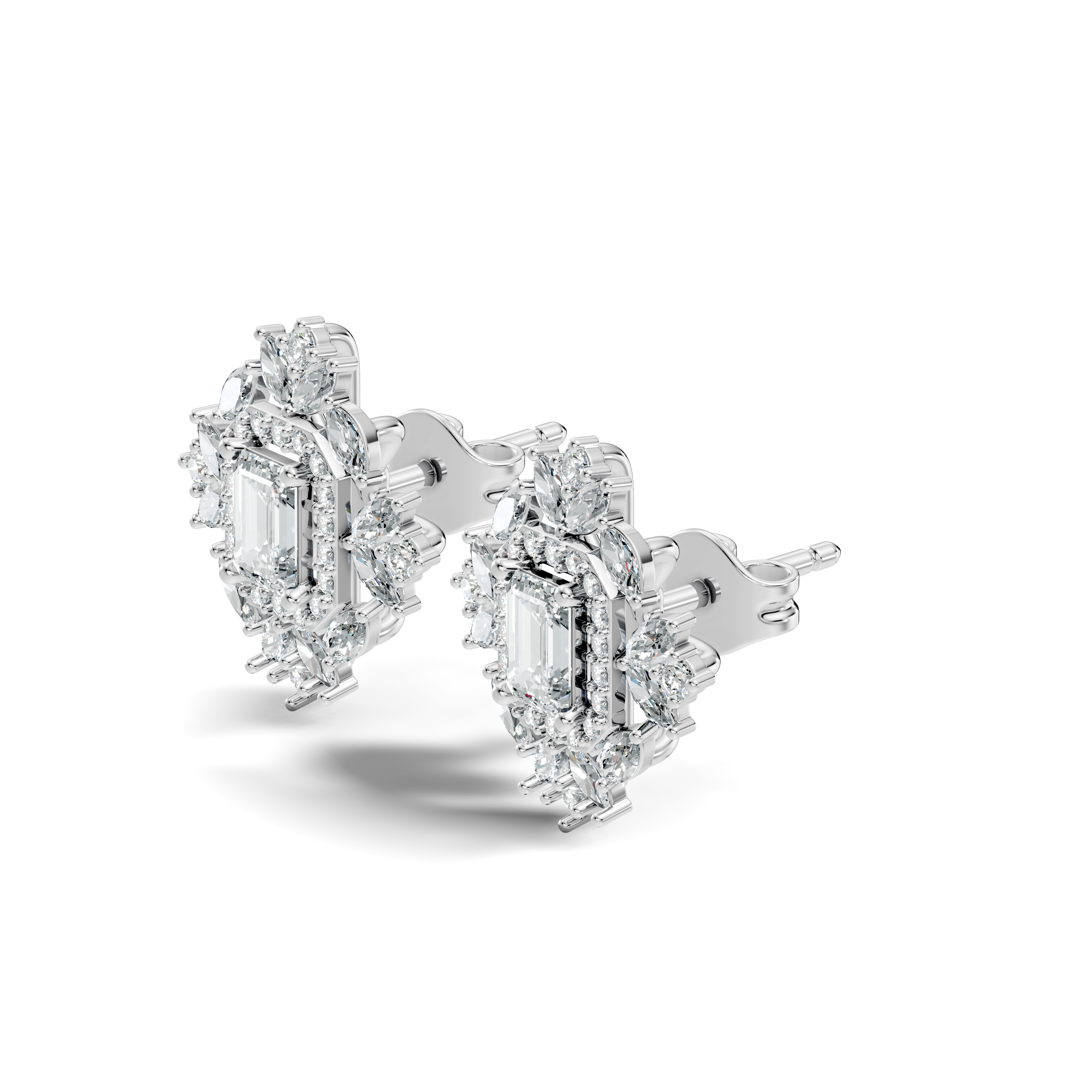 Emerald Cut Diamond Double Halo Marquise Burst Stud