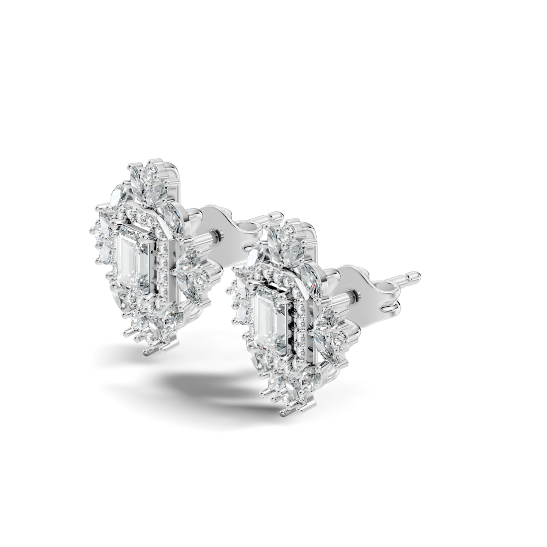 Emerald Cut Diamond Double Halo Marquise Burst Stud