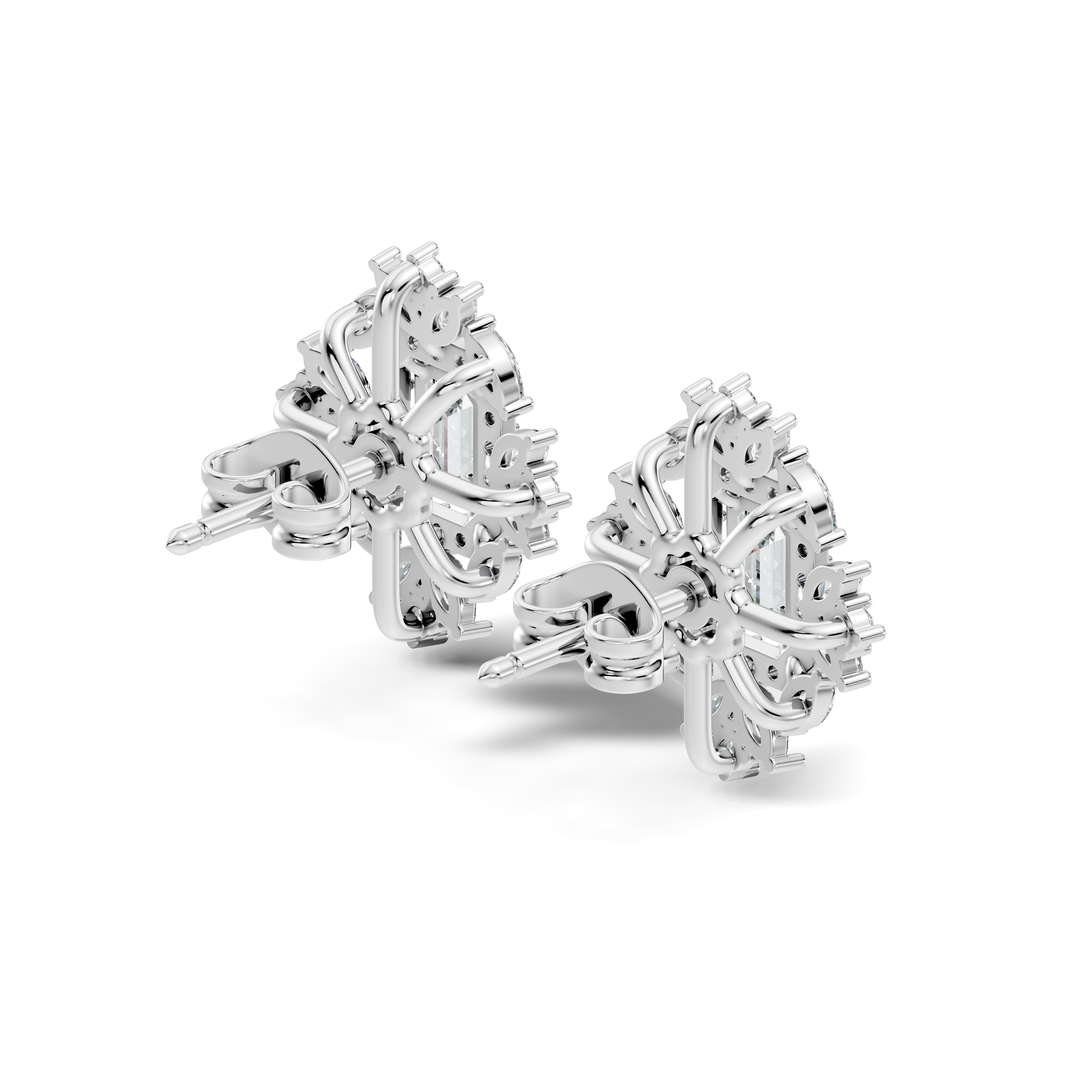 Emerald Cut Diamond Double Halo Marquise Burst Stud