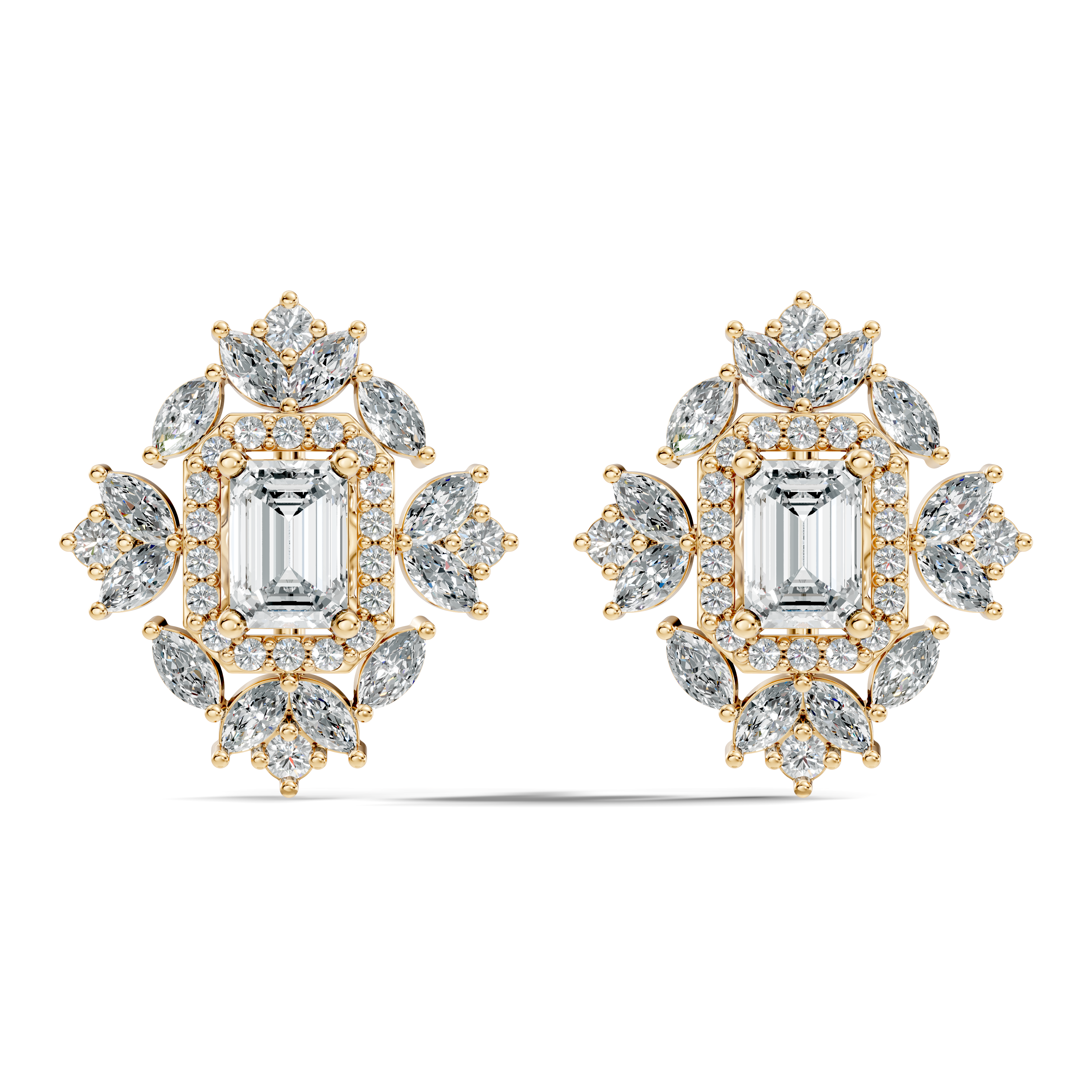 Emerald Cut Diamond Double Halo Marquise Burst Stud
