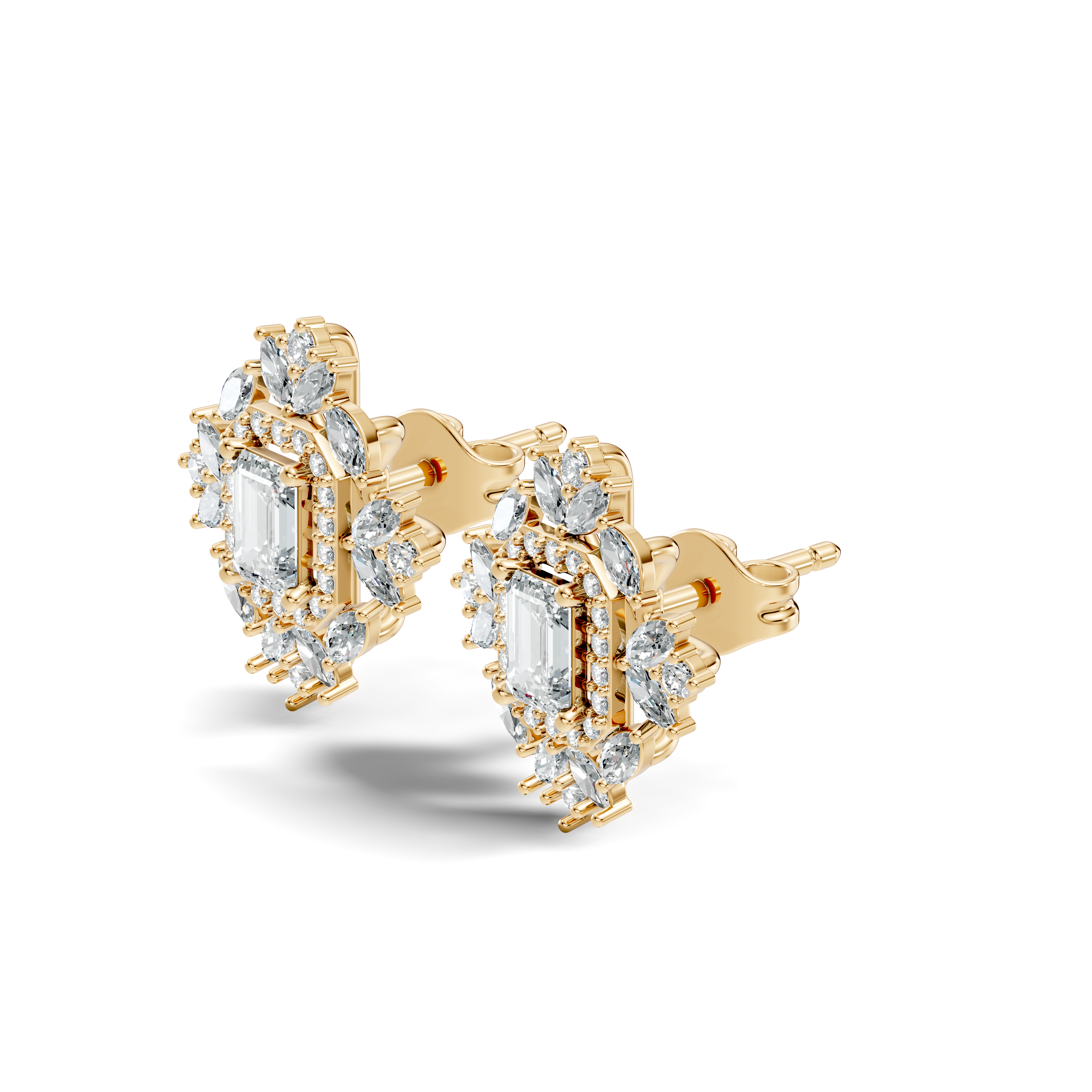Emerald Cut Diamond Double Halo Marquise Burst Stud