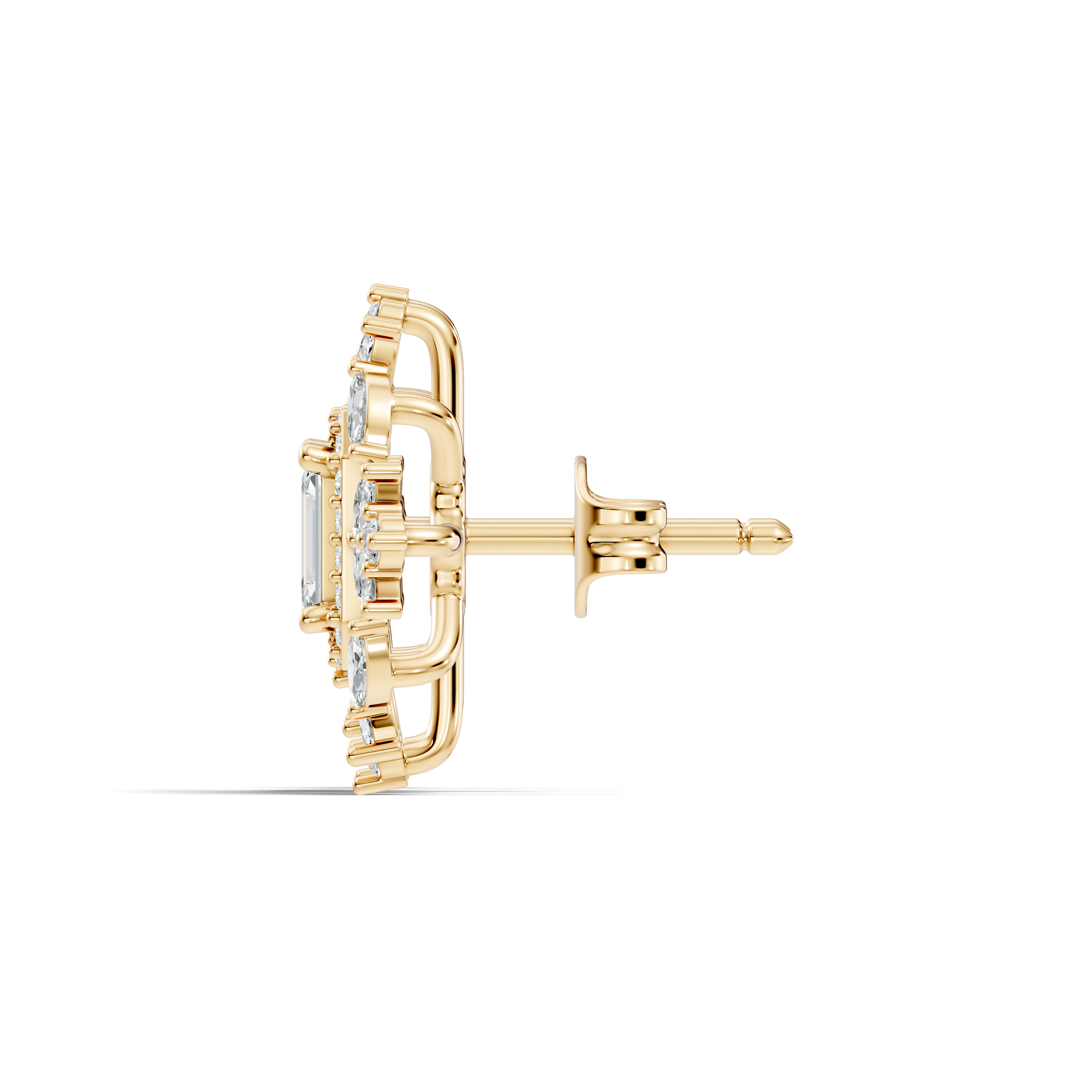 Emerald Cut Diamond Double Halo Marquise Burst Stud