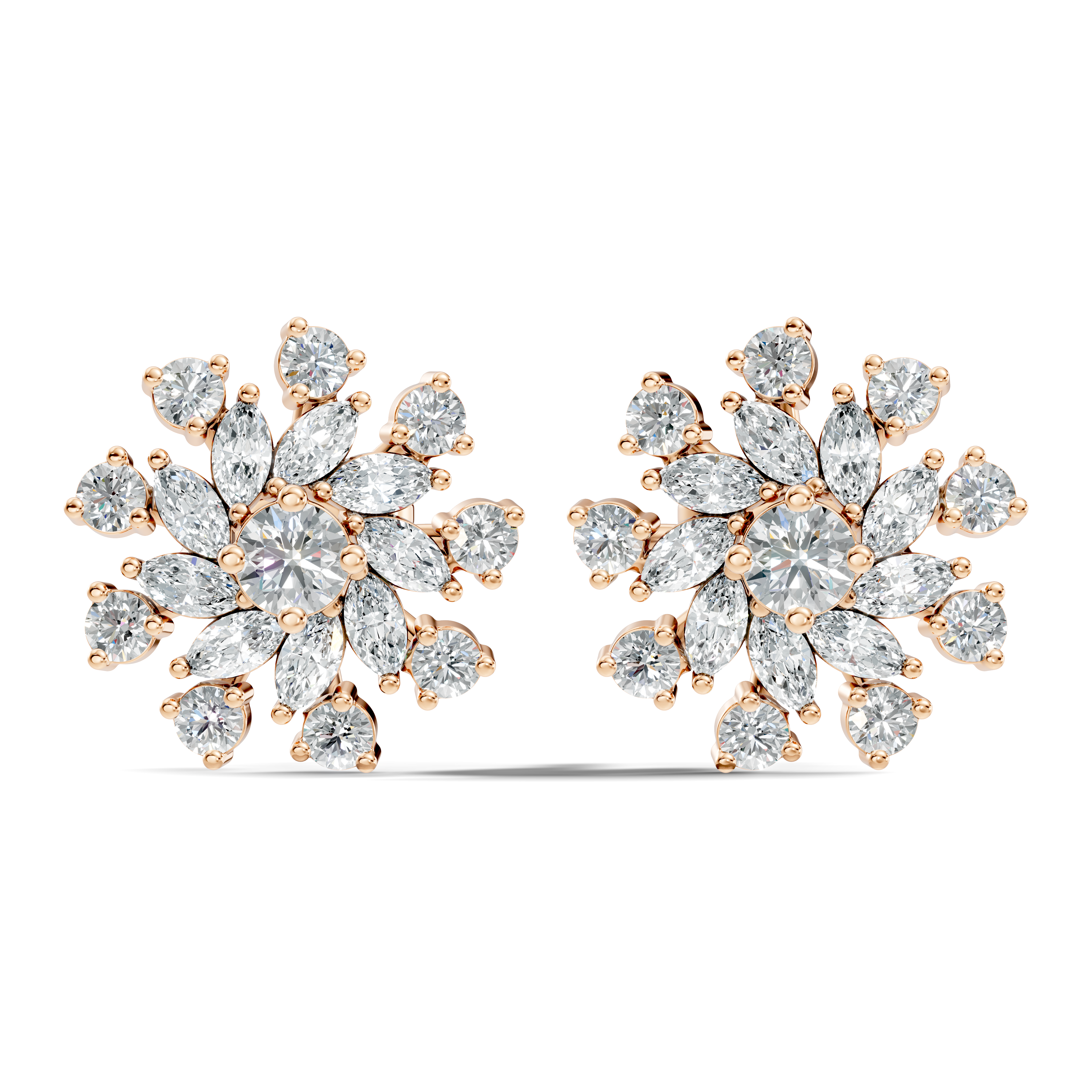 Marquise & Round Diamond Snowflake Floral Cluster Stud