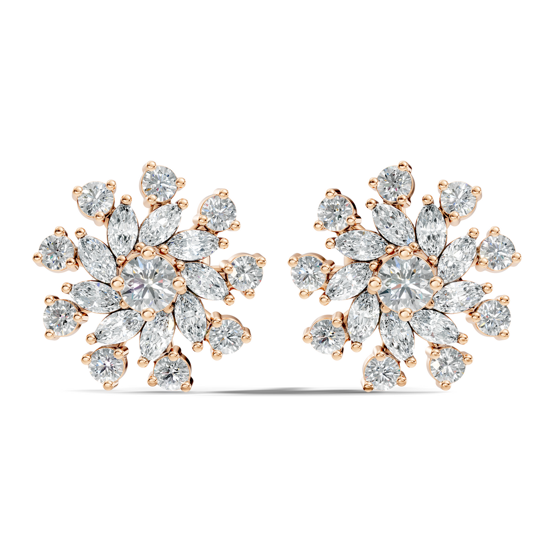 Marquise & Round Diamond Snowflake Floral Cluster Stud