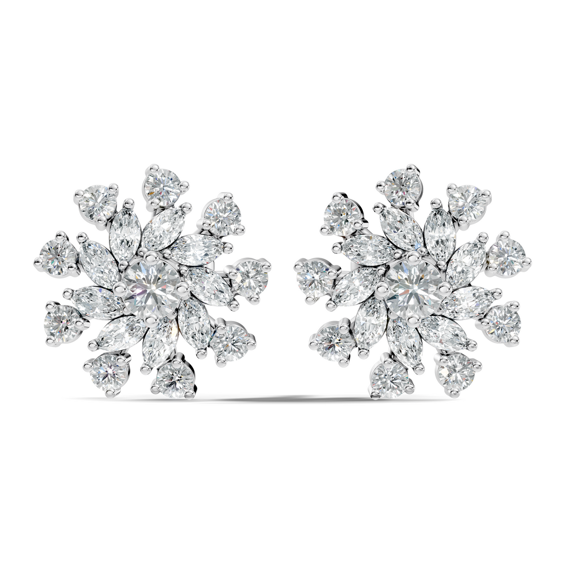 Marquise & Round Diamond Snowflake Floral Cluster Stud