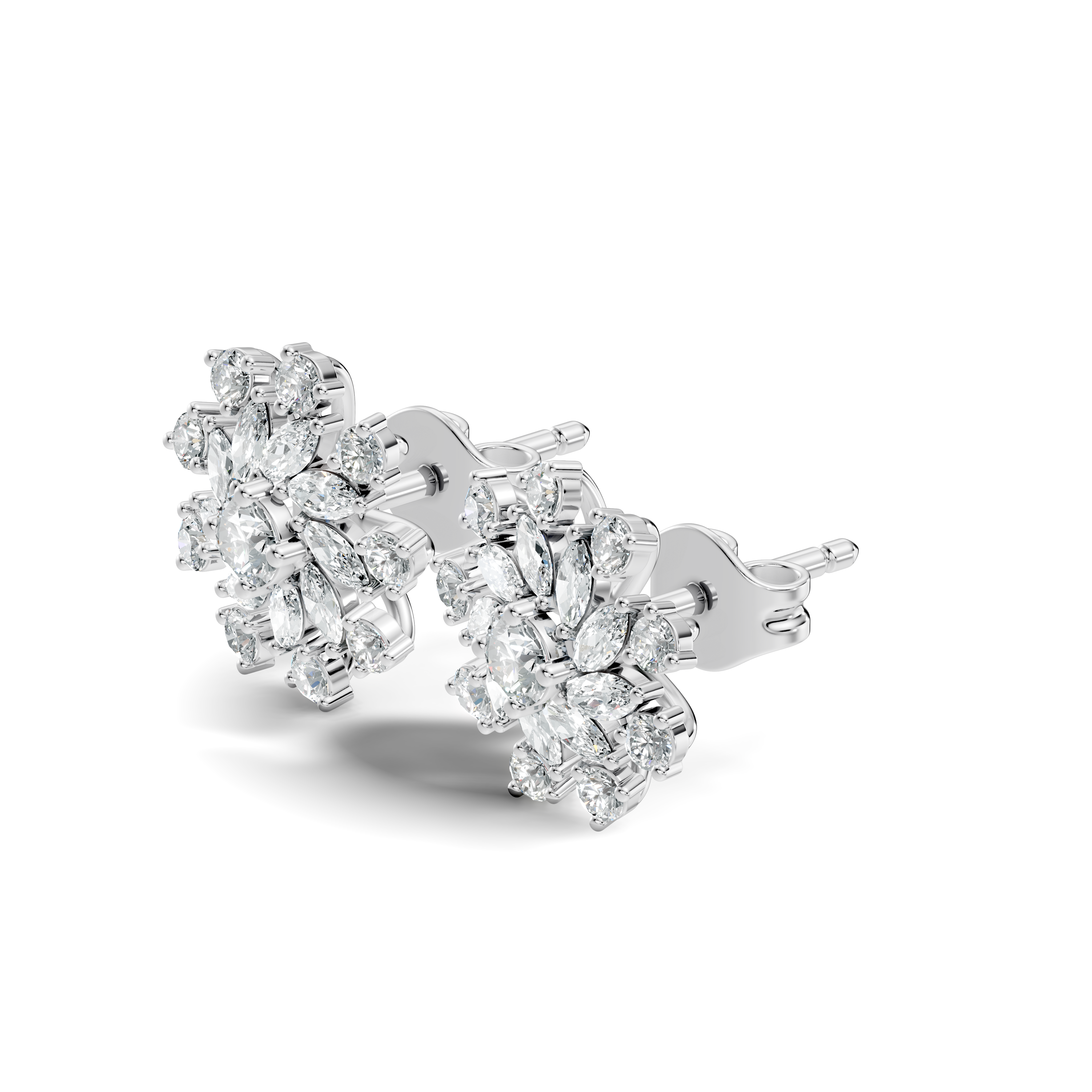 Marquise & Round Diamond Snowflake Floral Cluster Stud
