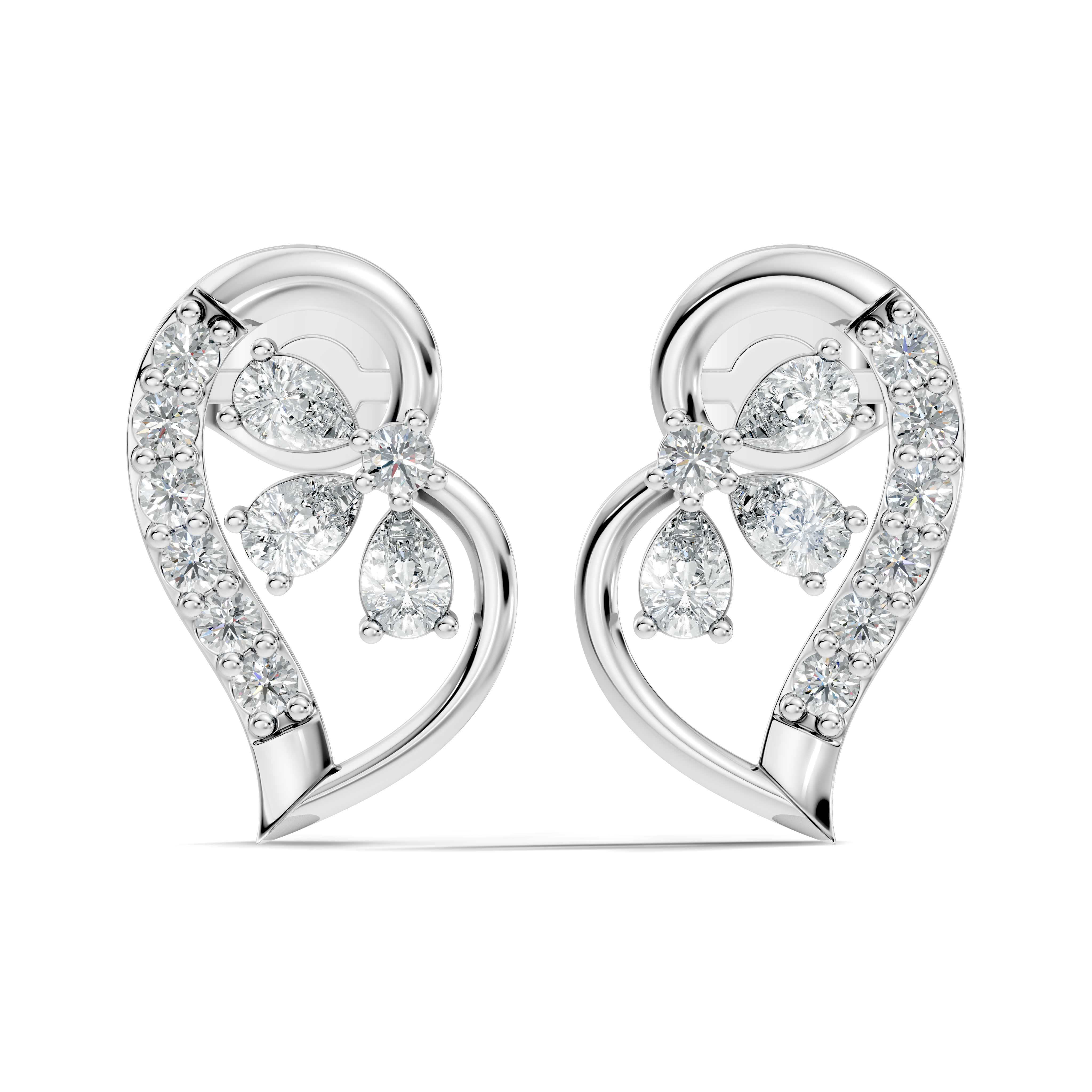 Pear & Round Diamond Paisley Floral Cluster Stud
