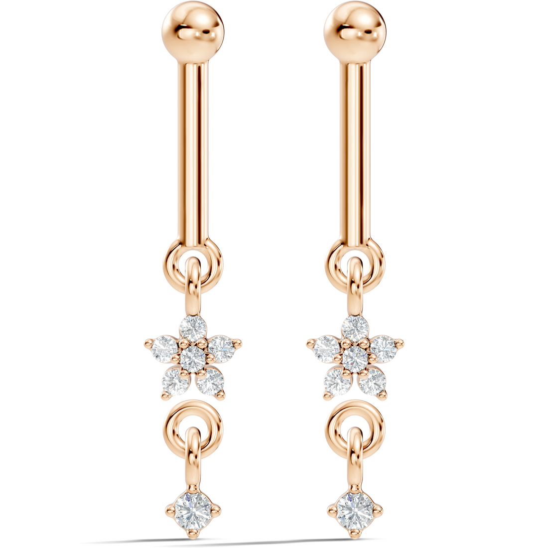 Round Diamond Bar & Floral Drop Earrings