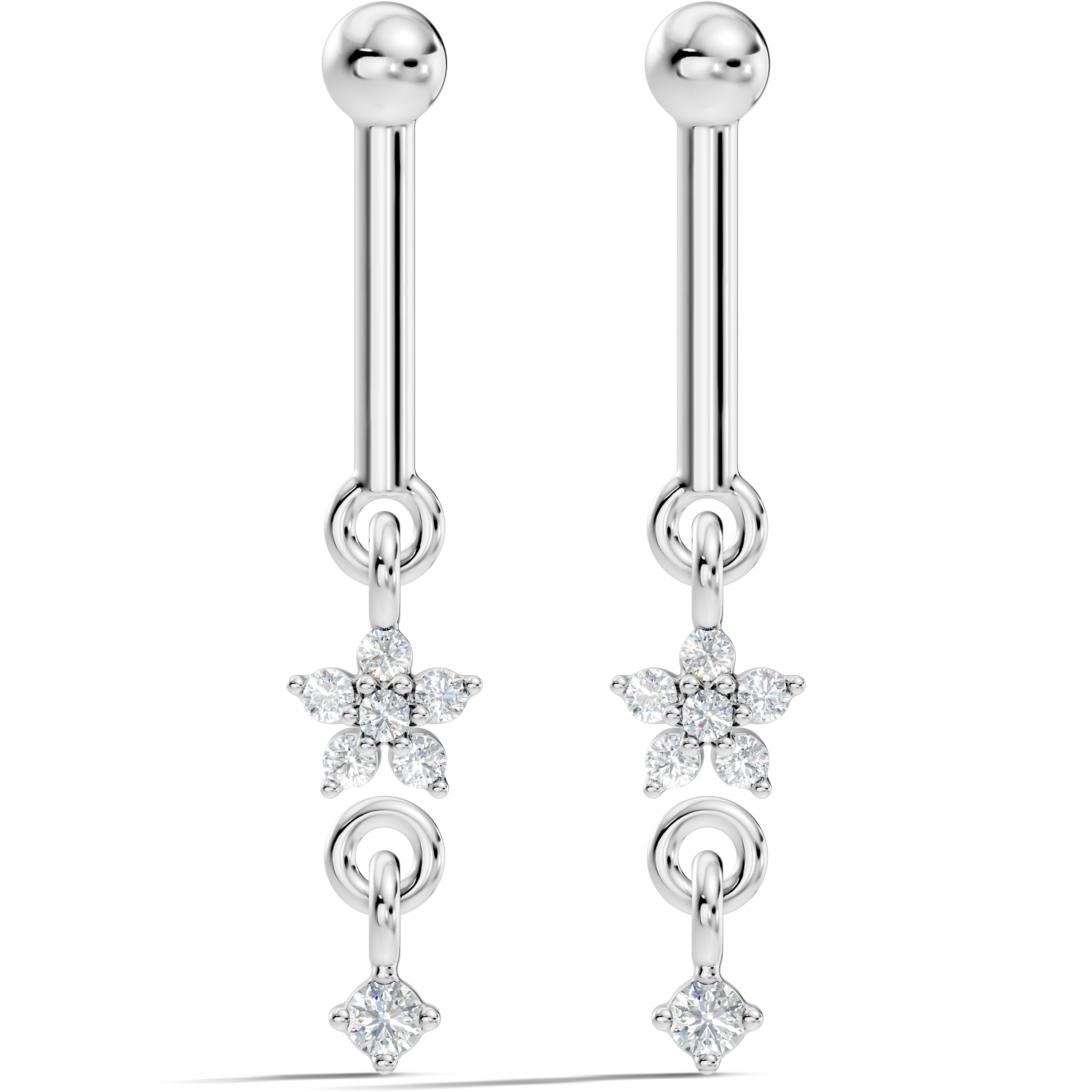 Round Diamond Bar & Floral Drop Earrings