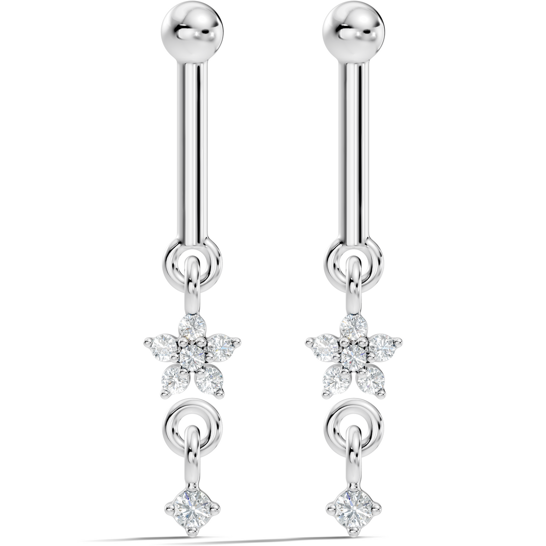 Round Diamond Bar & Floral Drop Earrings