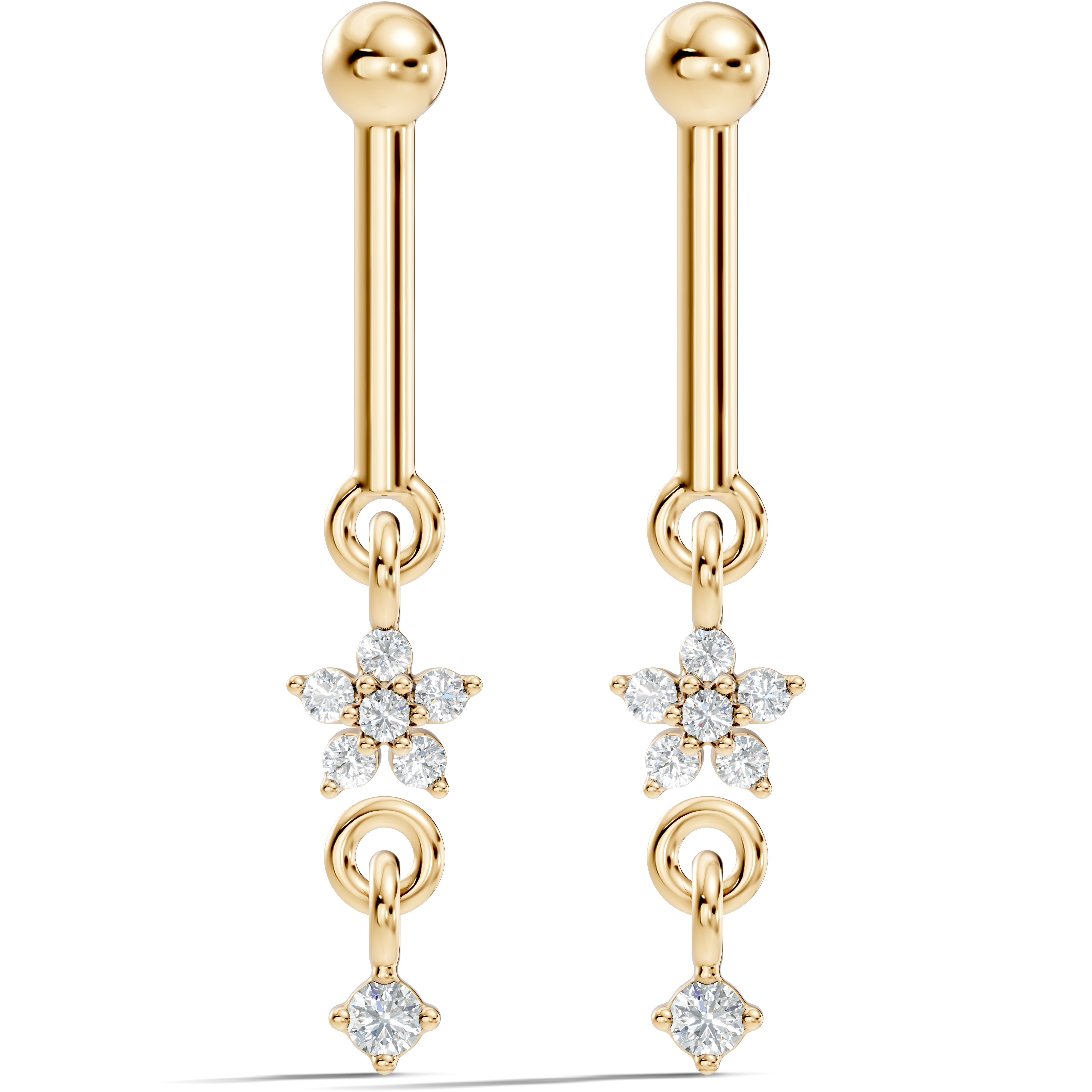 Round Diamond Bar & Floral Drop Earrings
