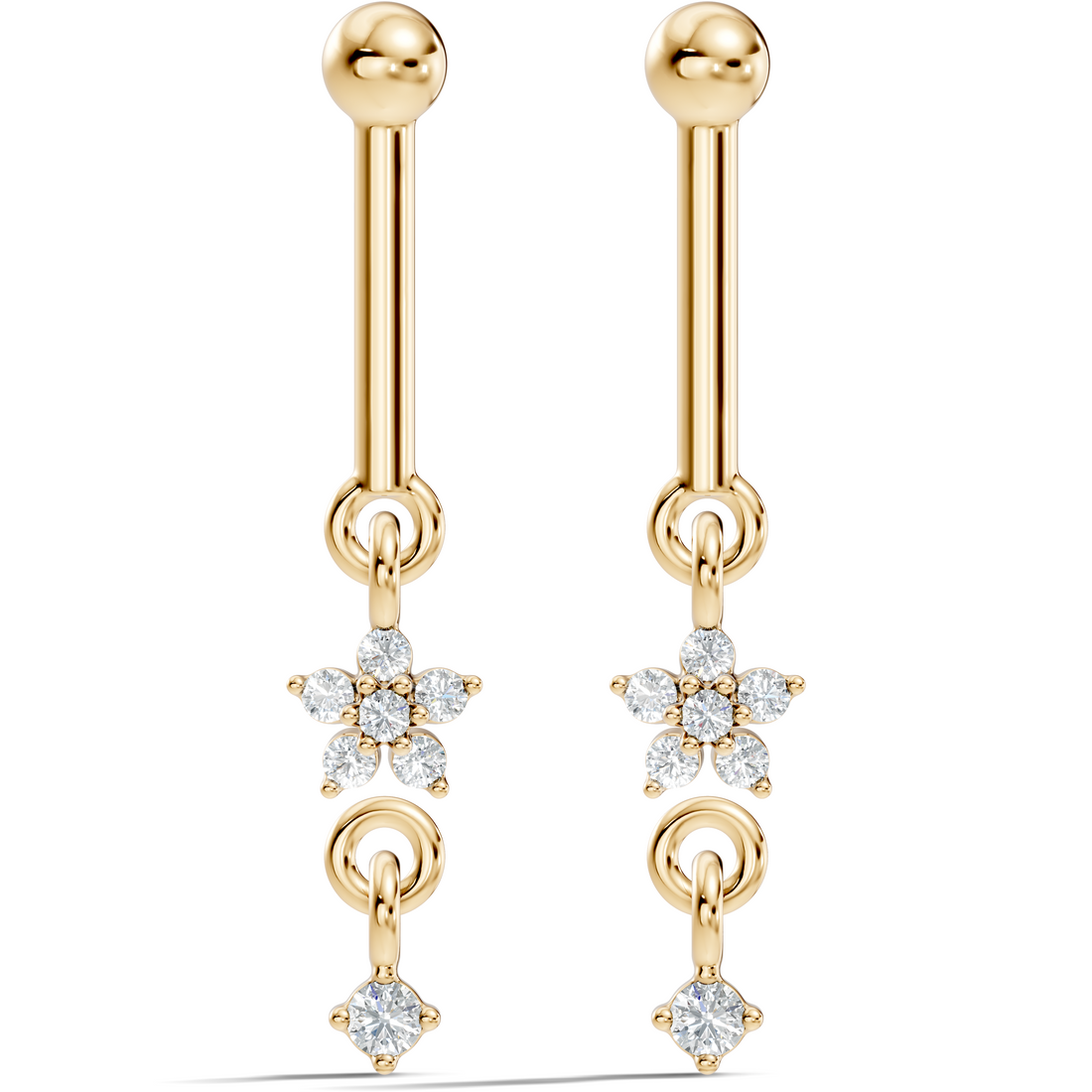 Round Diamond Bar & Floral Drop Earrings