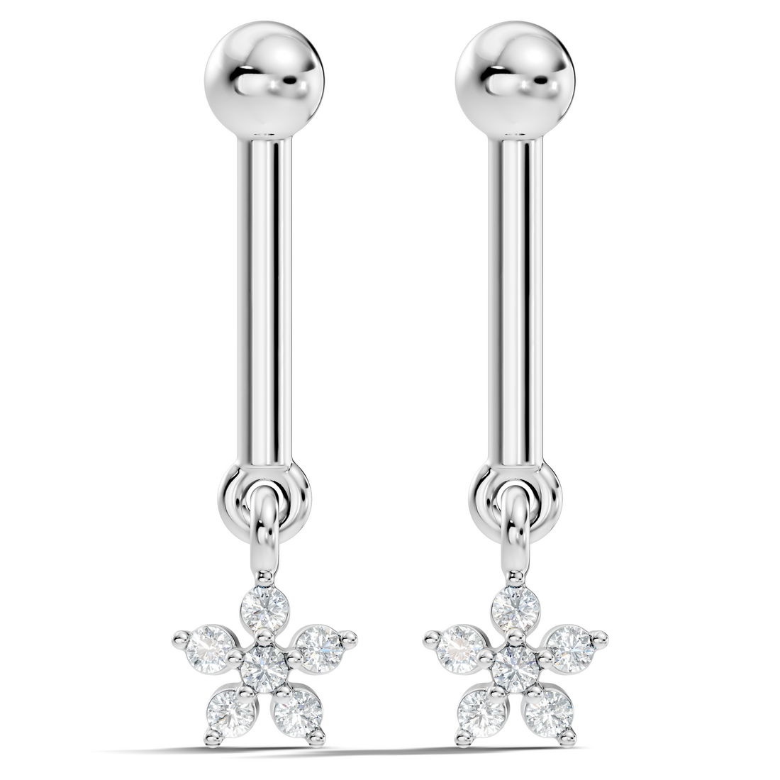 Round Diamond Bar & Floral Drop Earrings
