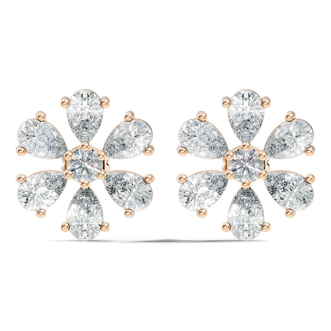 Pear & Round Diamond Floral Blossom Cluster Stud