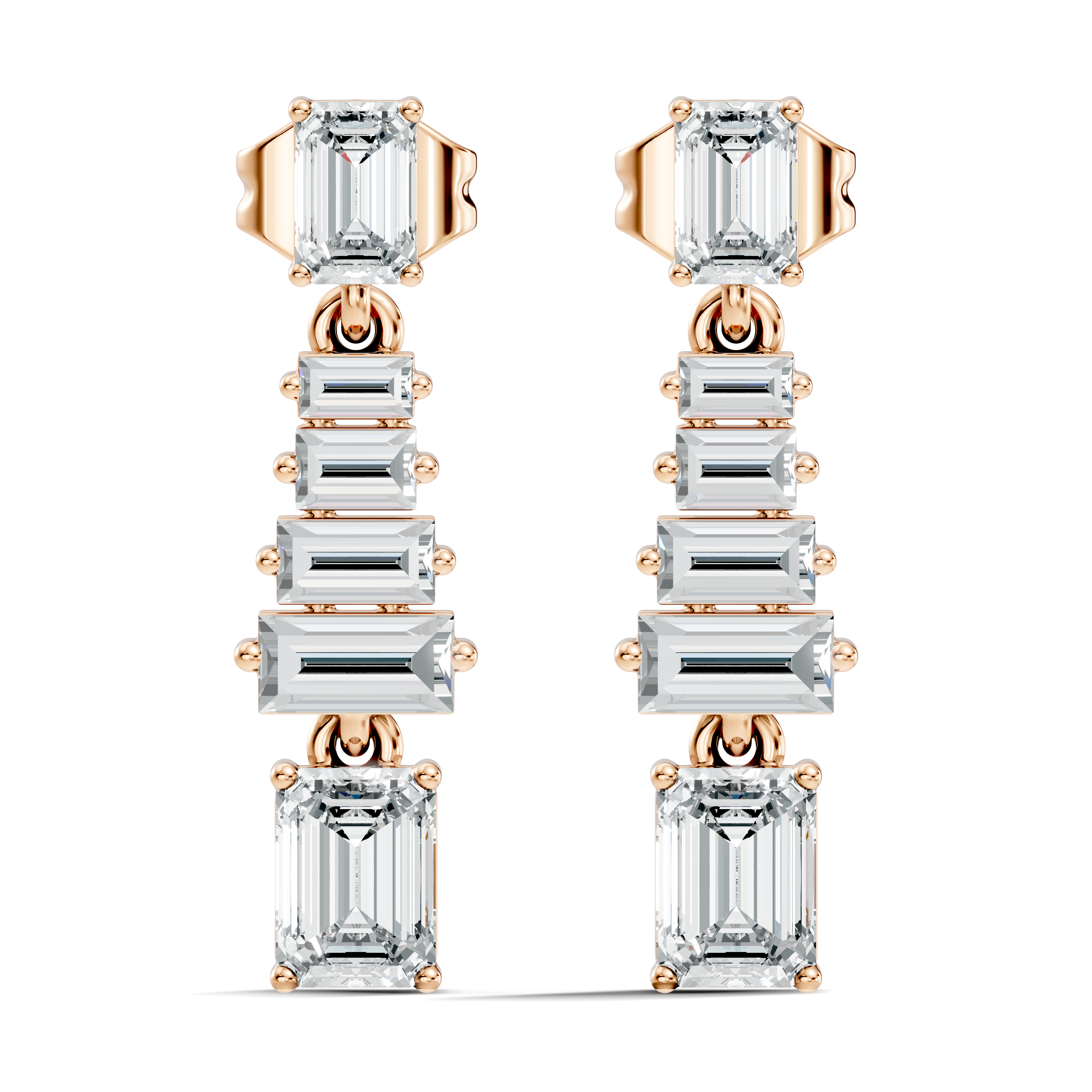 Emerald & Straight Baguette Diamond Linear Drop Earrings