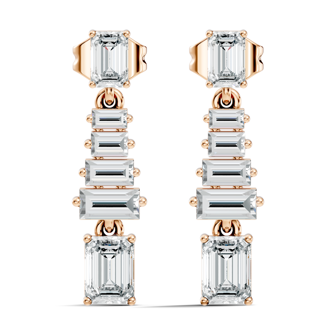 Emerald & Straight Baguette Diamond Linear Drop Earrings