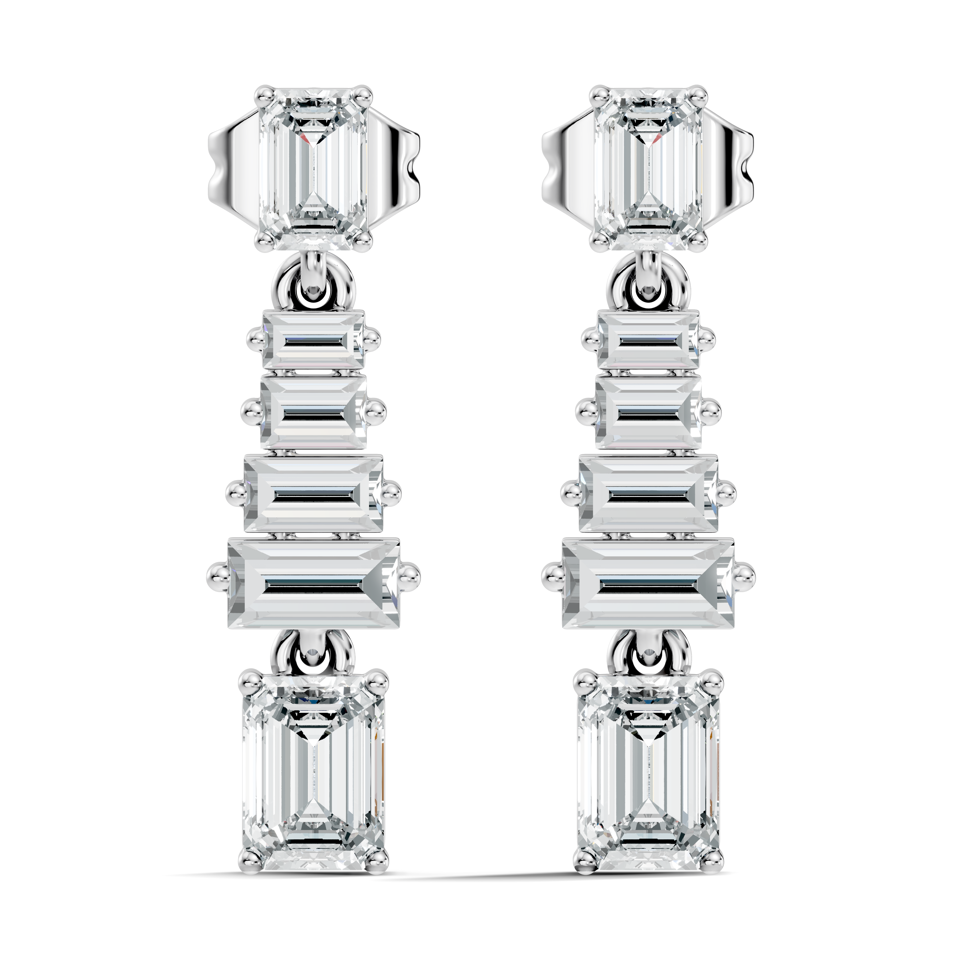 Emerald & Straight Baguette Diamond Linear Drop Earrings