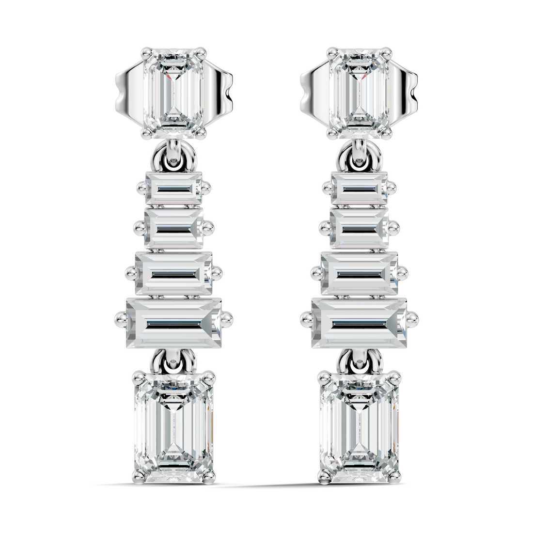 Emerald & Straight Baguette Diamond Linear Drop Earrings