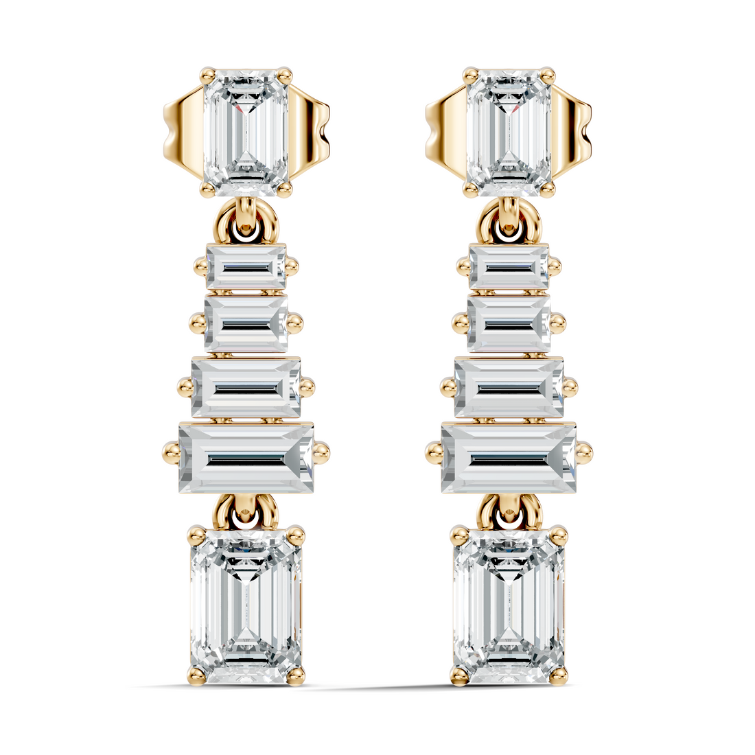 Emerald & Straight Baguette Diamond Linear Drop Earrings