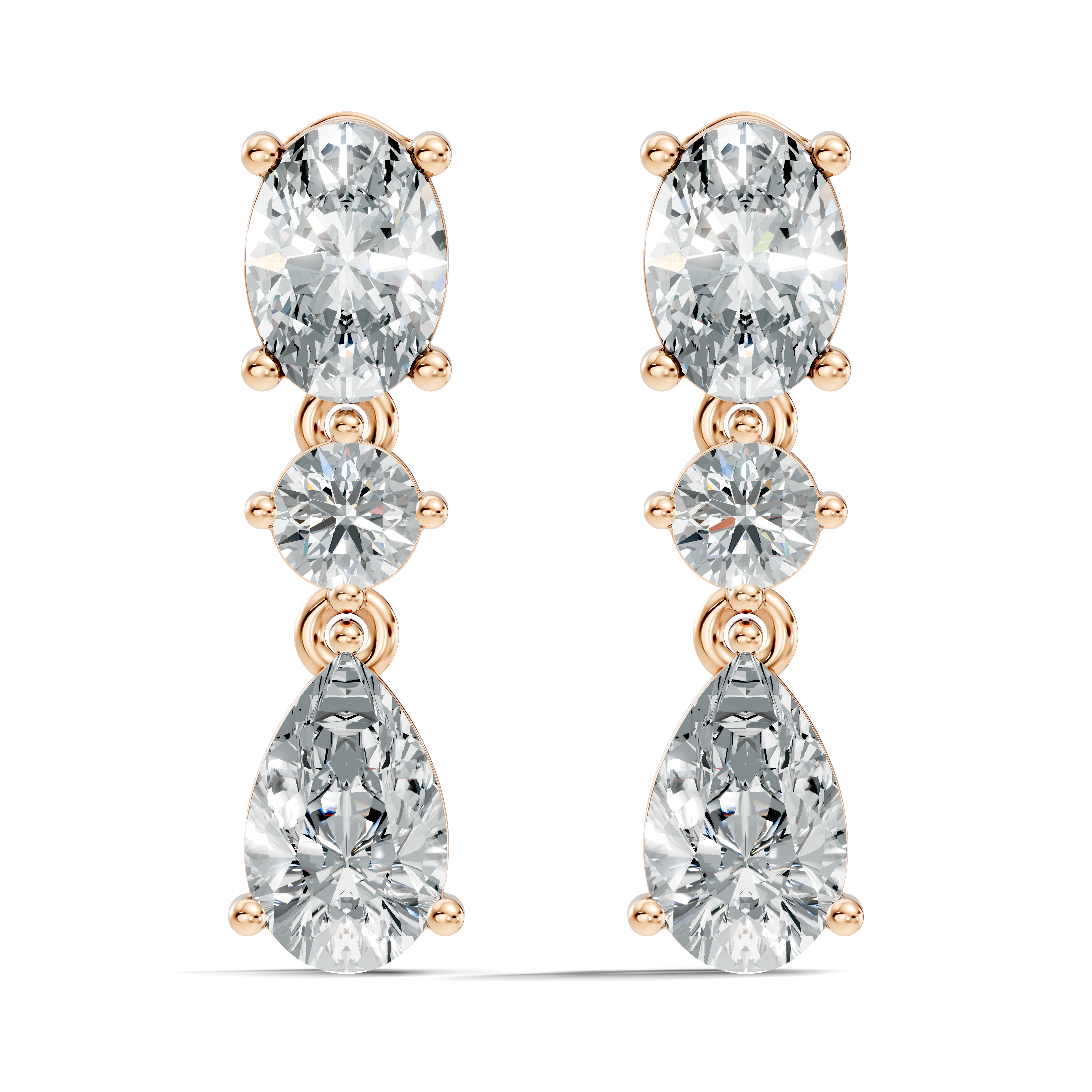 Oval, Round & Pear Three-Stone Linear Diamond Drop Earrings