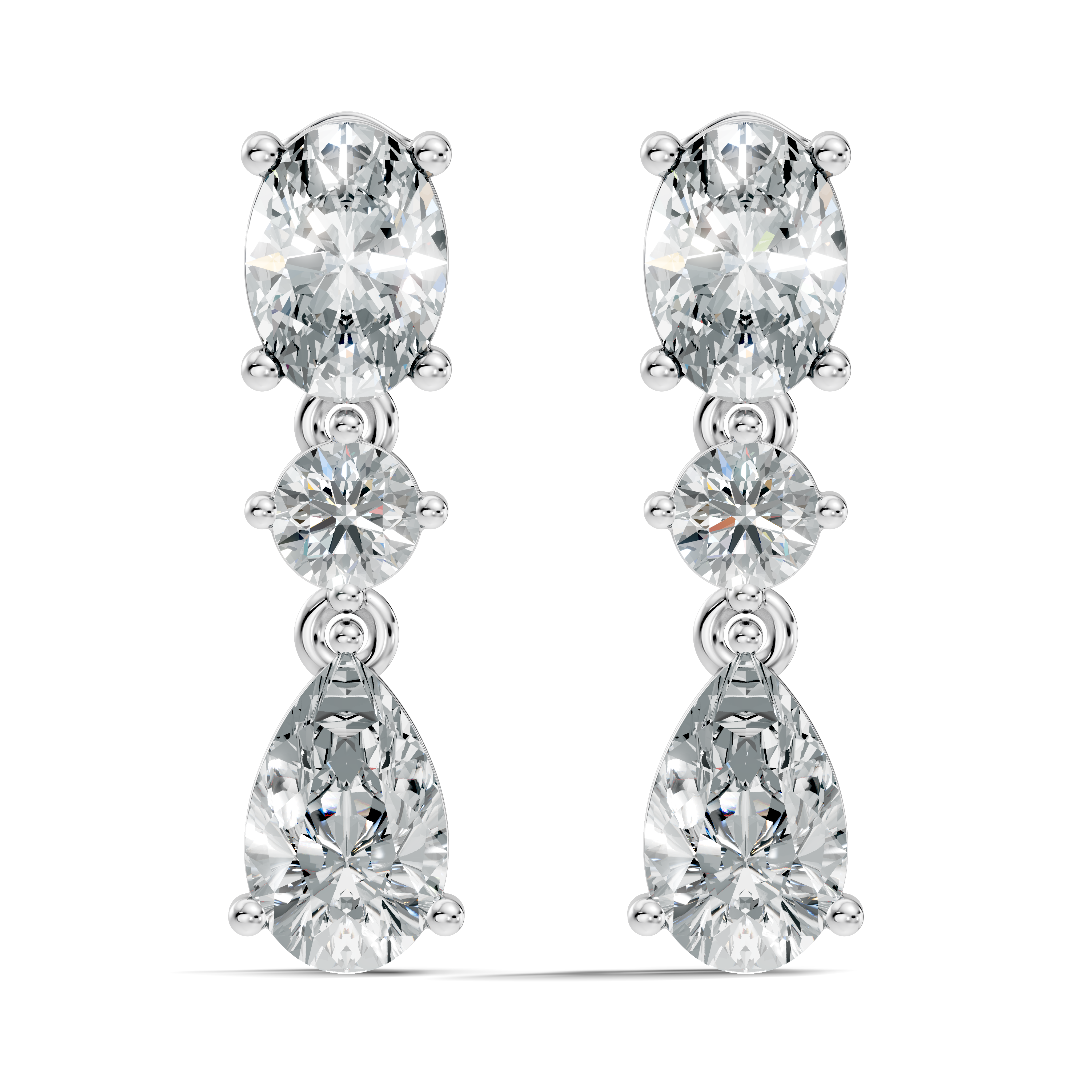 Oval, Round & Pear Three-Stone Linear Diamond Drop Earrings