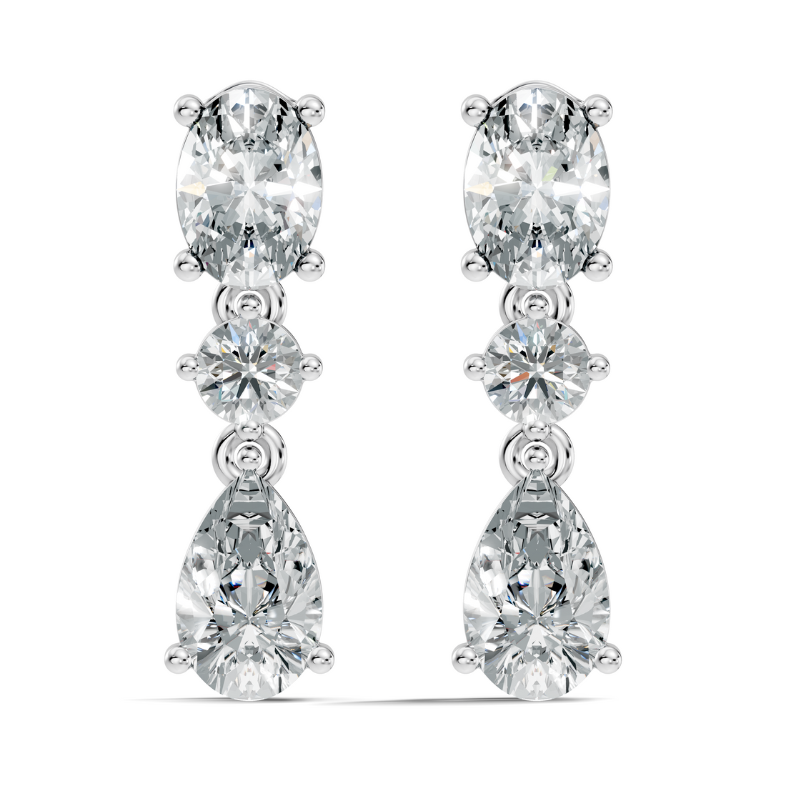 Oval, Round & Pear Three-Stone Linear Diamond Drop Earrings