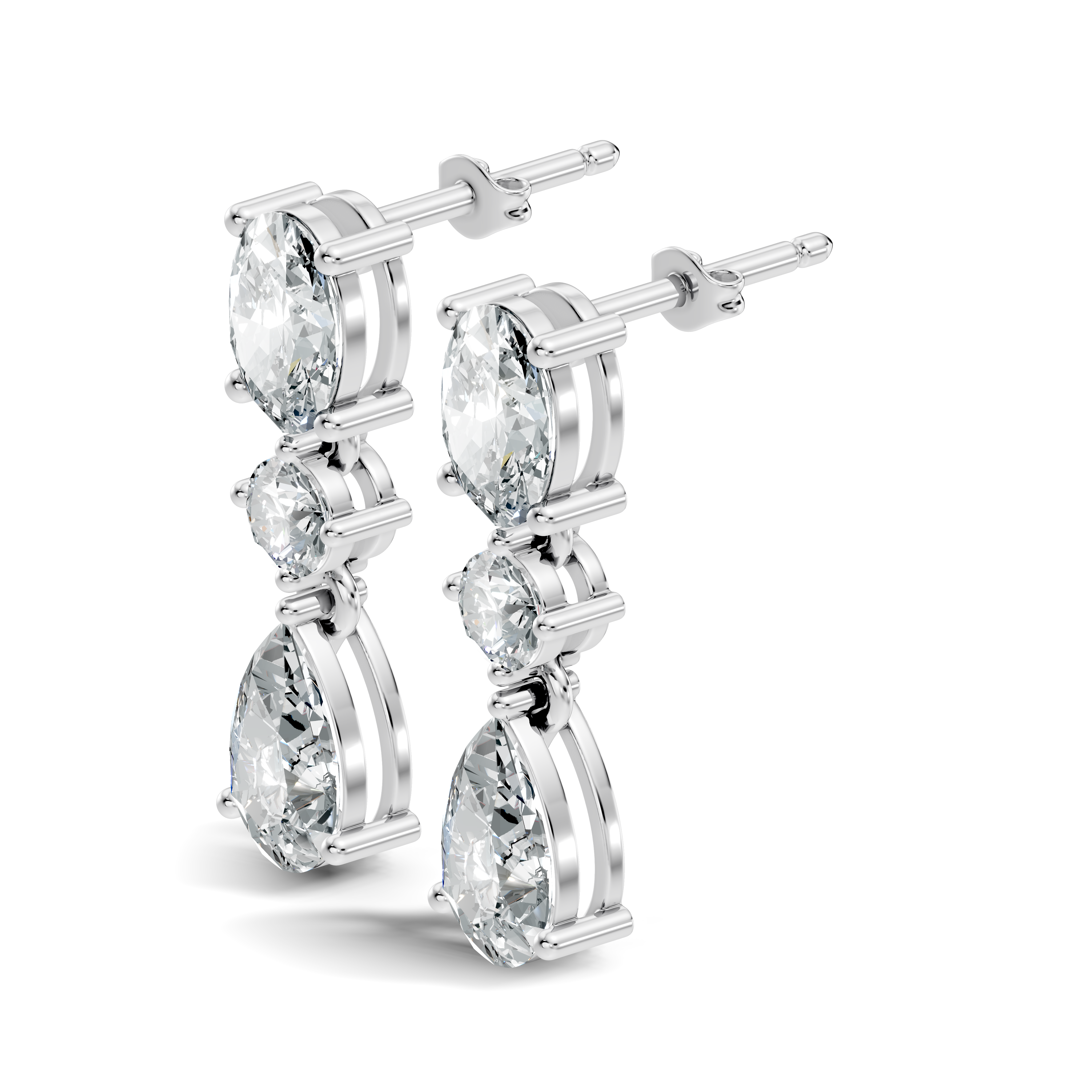 Oval, Round & Pear Three-Stone Linear Diamond Drop Earrings