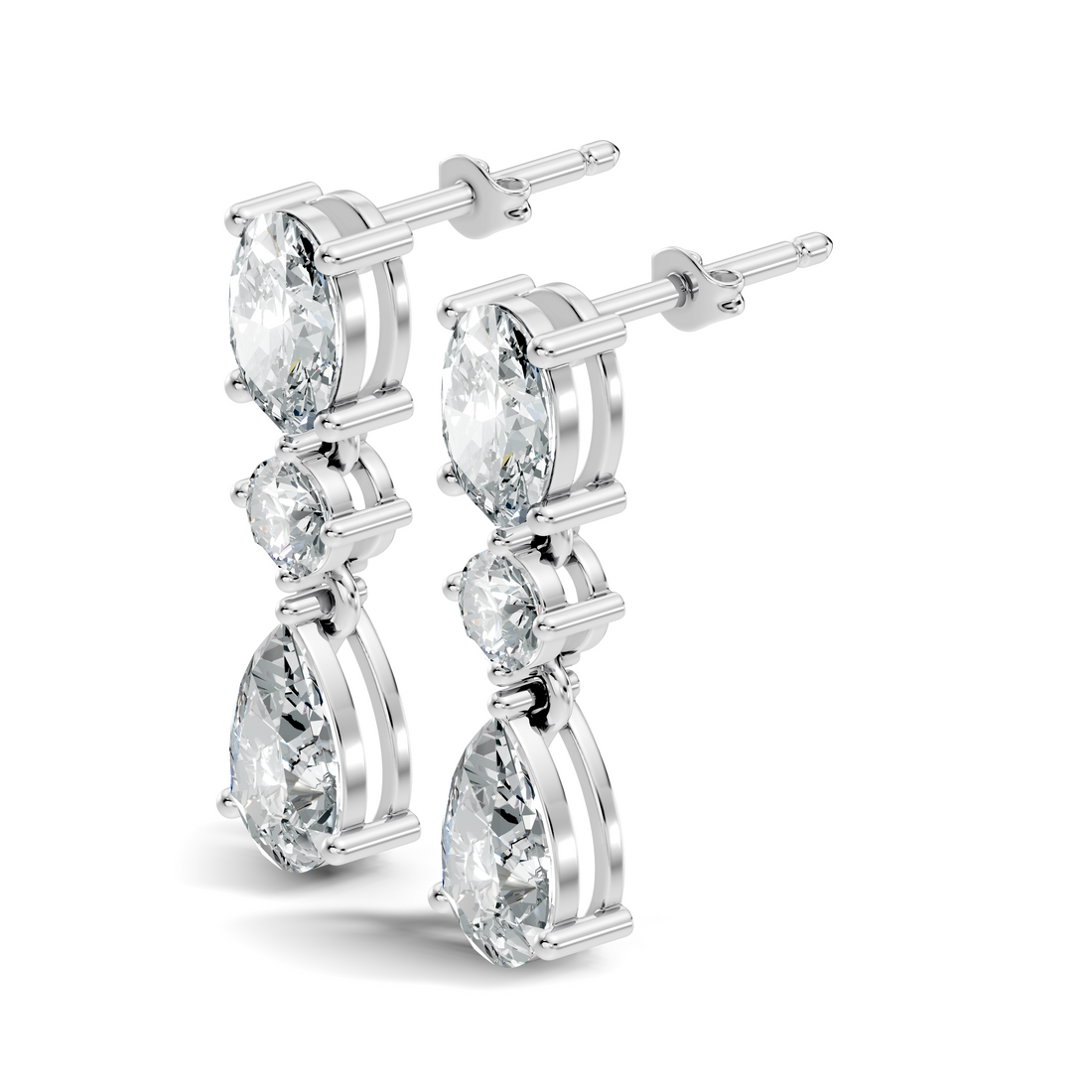 Oval, Round & Pear Three-Stone Linear Diamond Drop Earrings