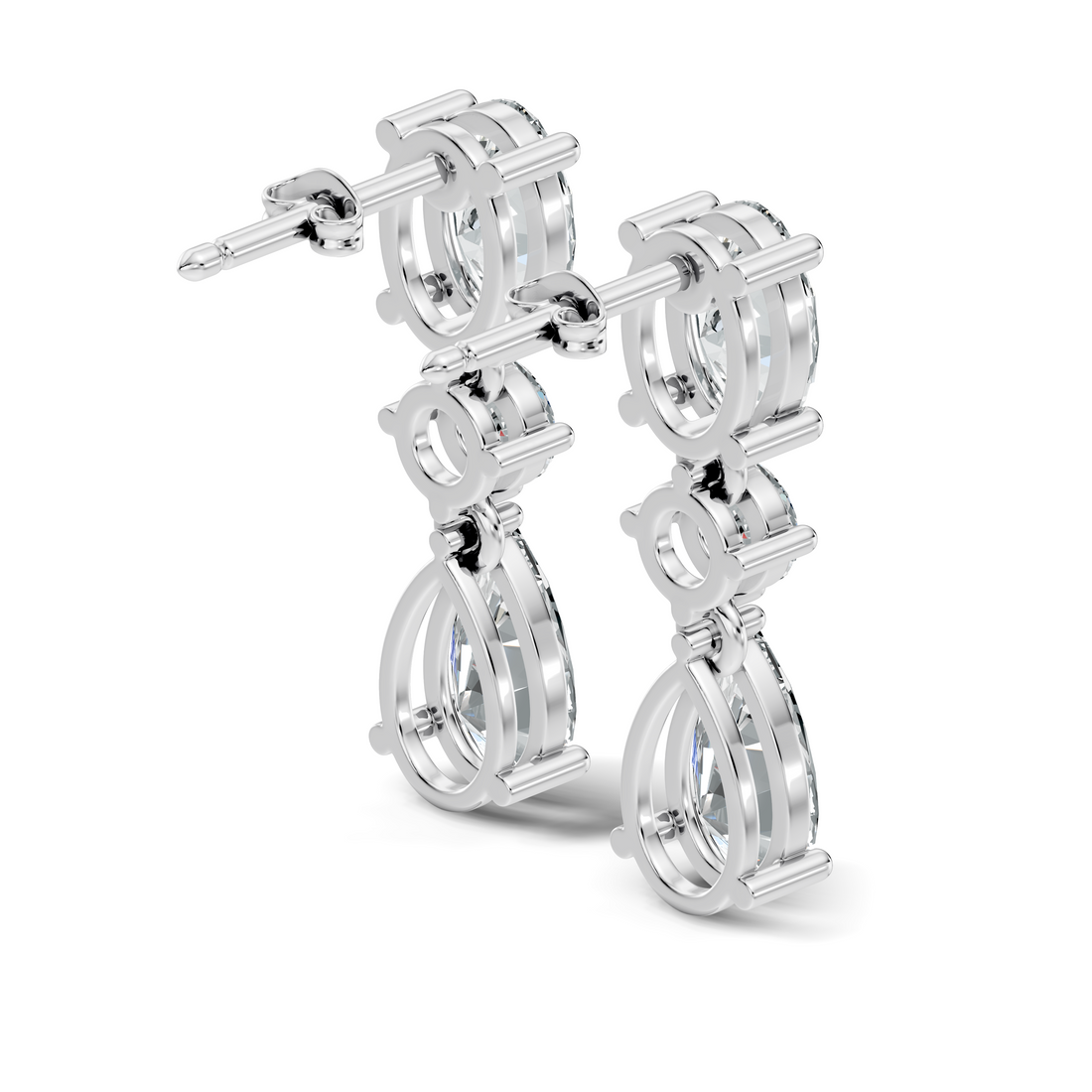 Oval, Round & Pear Three-Stone Linear Diamond Drop Earrings