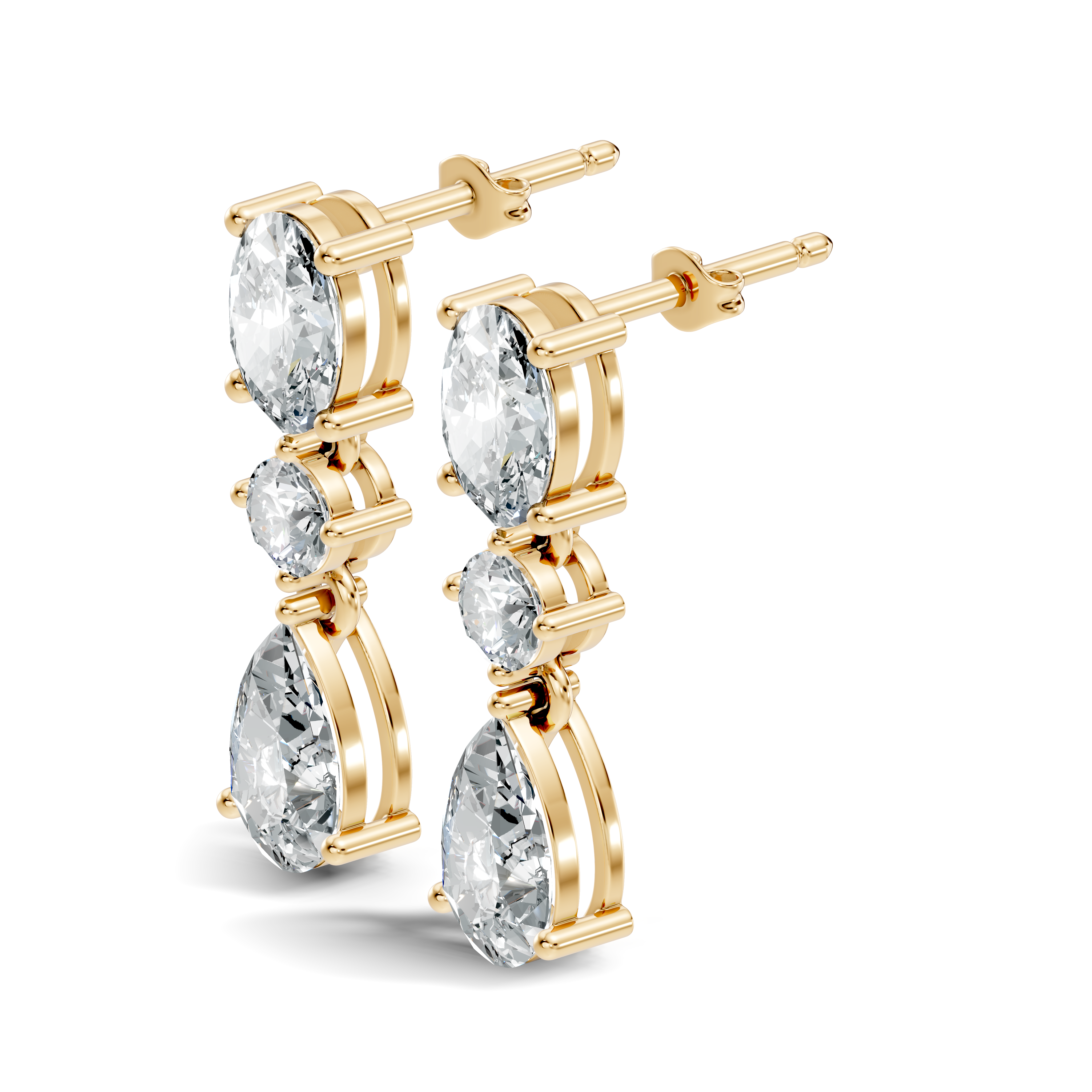 Oval, Round & Pear Three-Stone Linear Diamond Drop Earrings