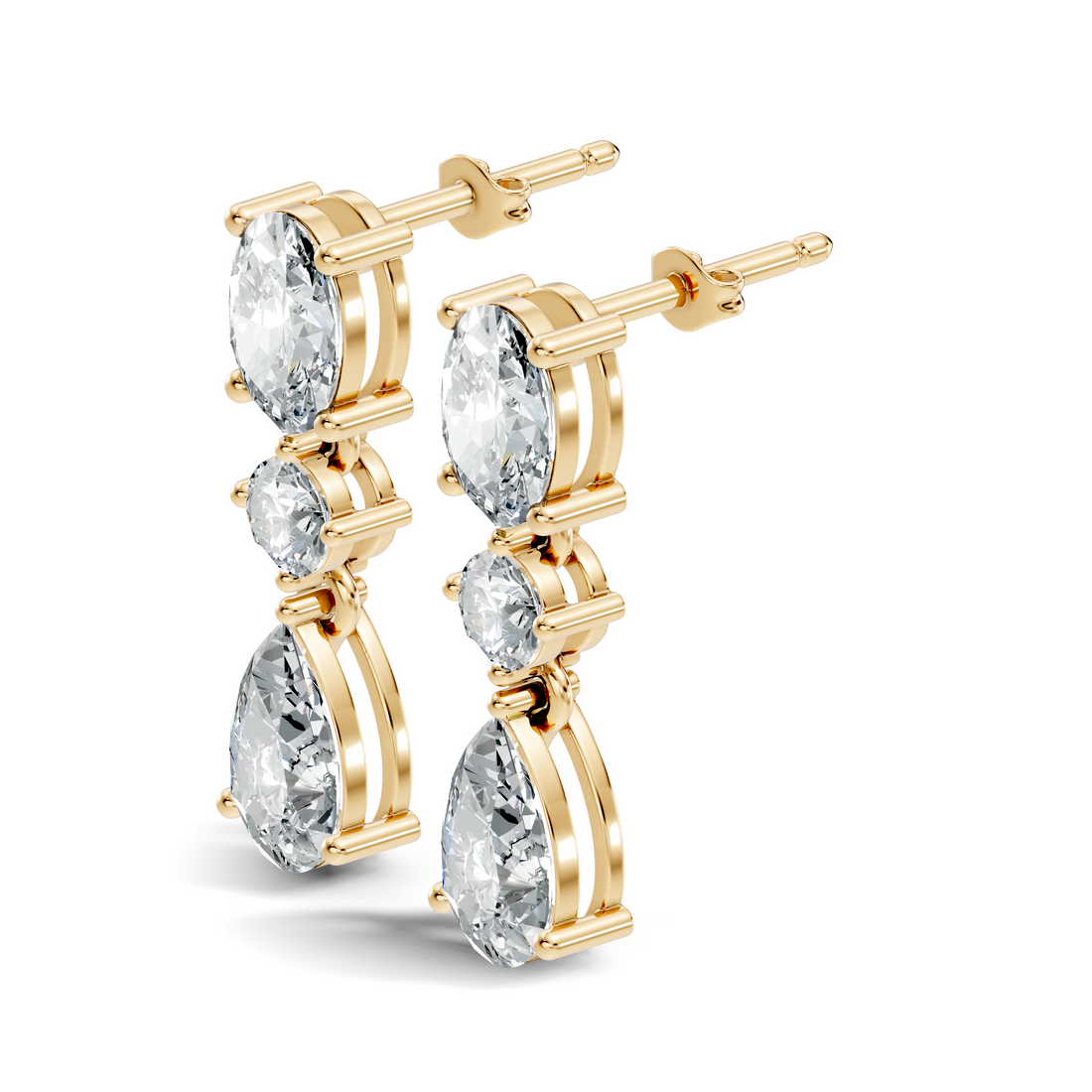 Oval, Round & Pear Three-Stone Linear Diamond Drop Earrings