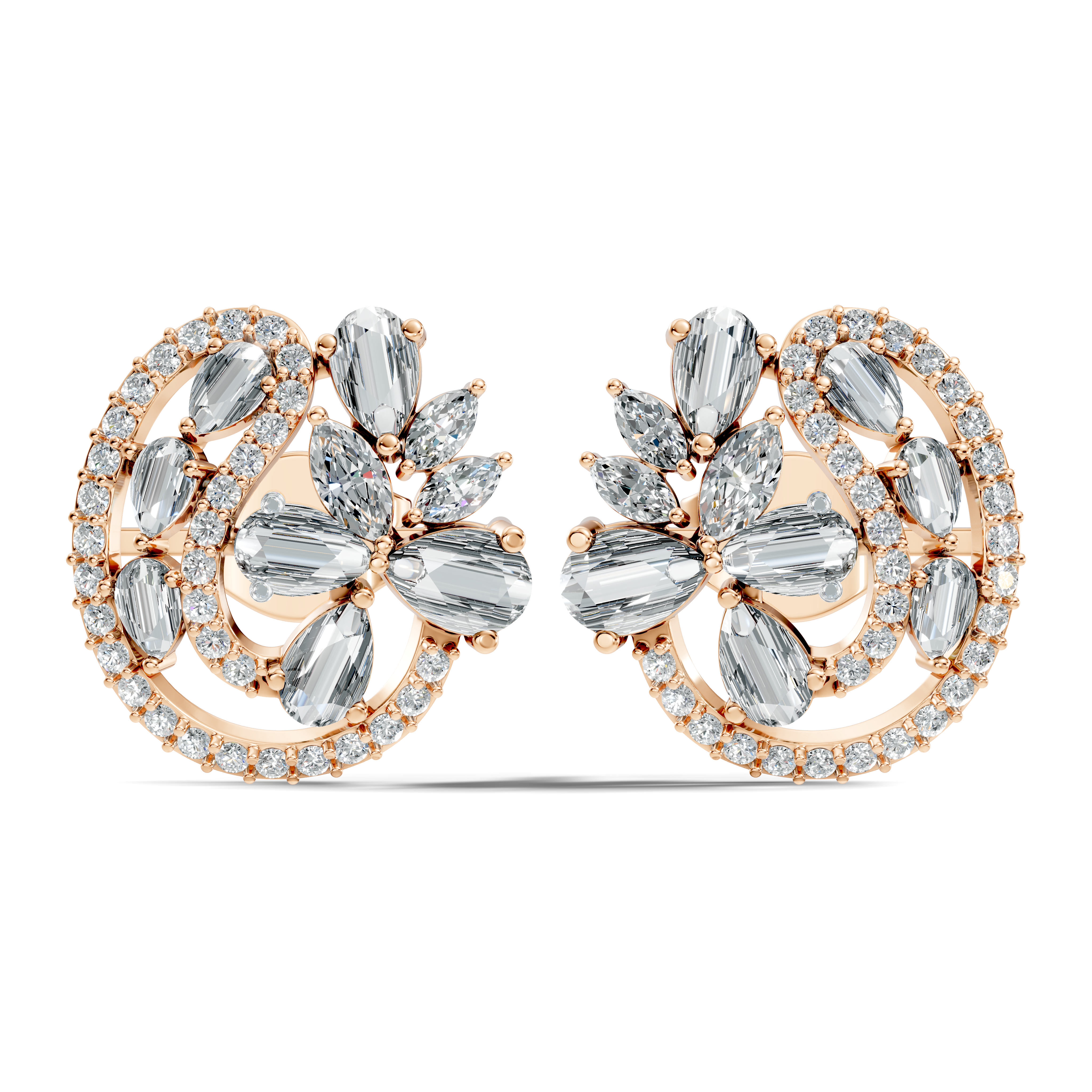 Floral Bouquet & Swirl Halo Diamond Cluster Stud