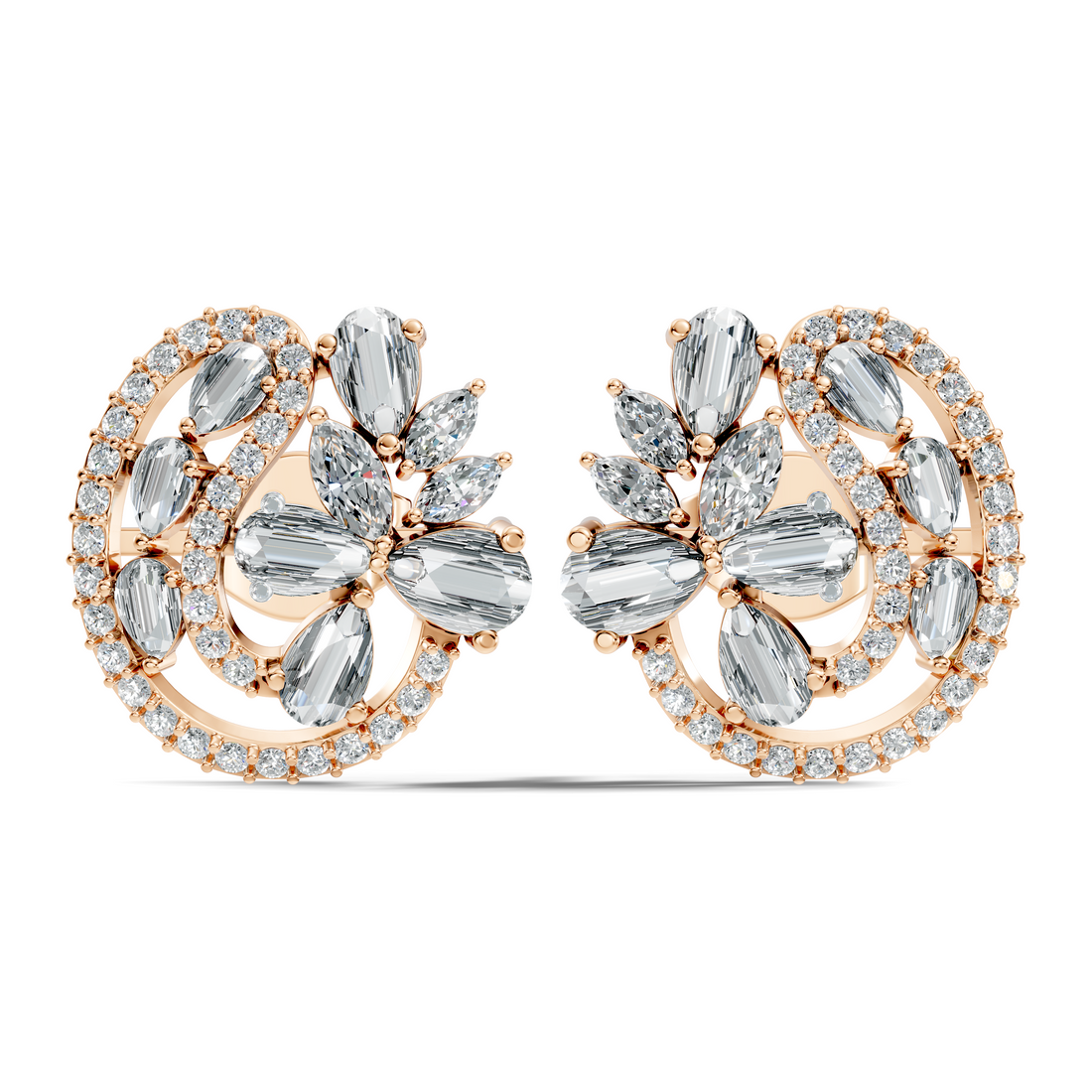 Floral Bouquet & Swirl Halo Diamond Cluster Stud