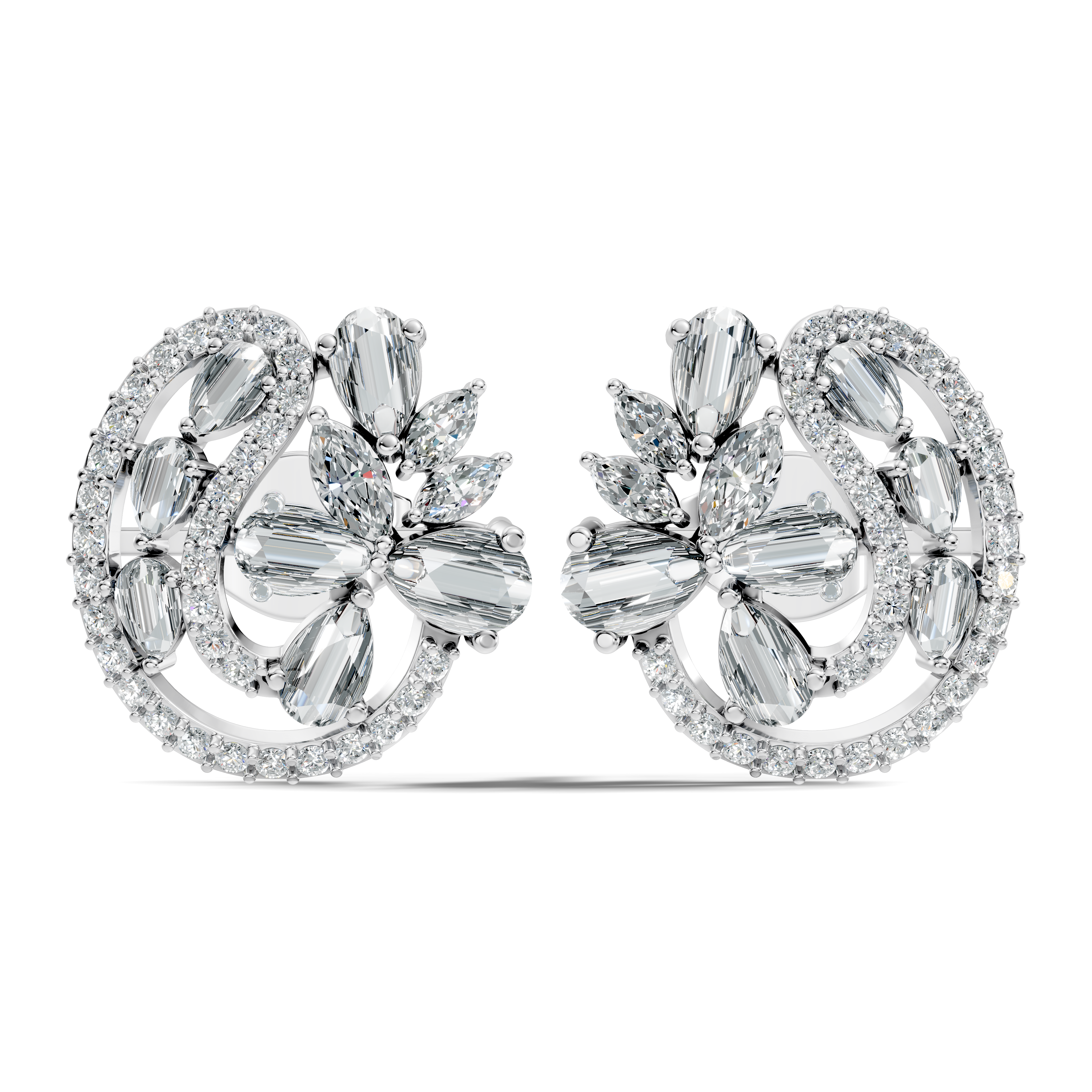 Floral Bouquet & Swirl Halo Diamond Cluster Stud
