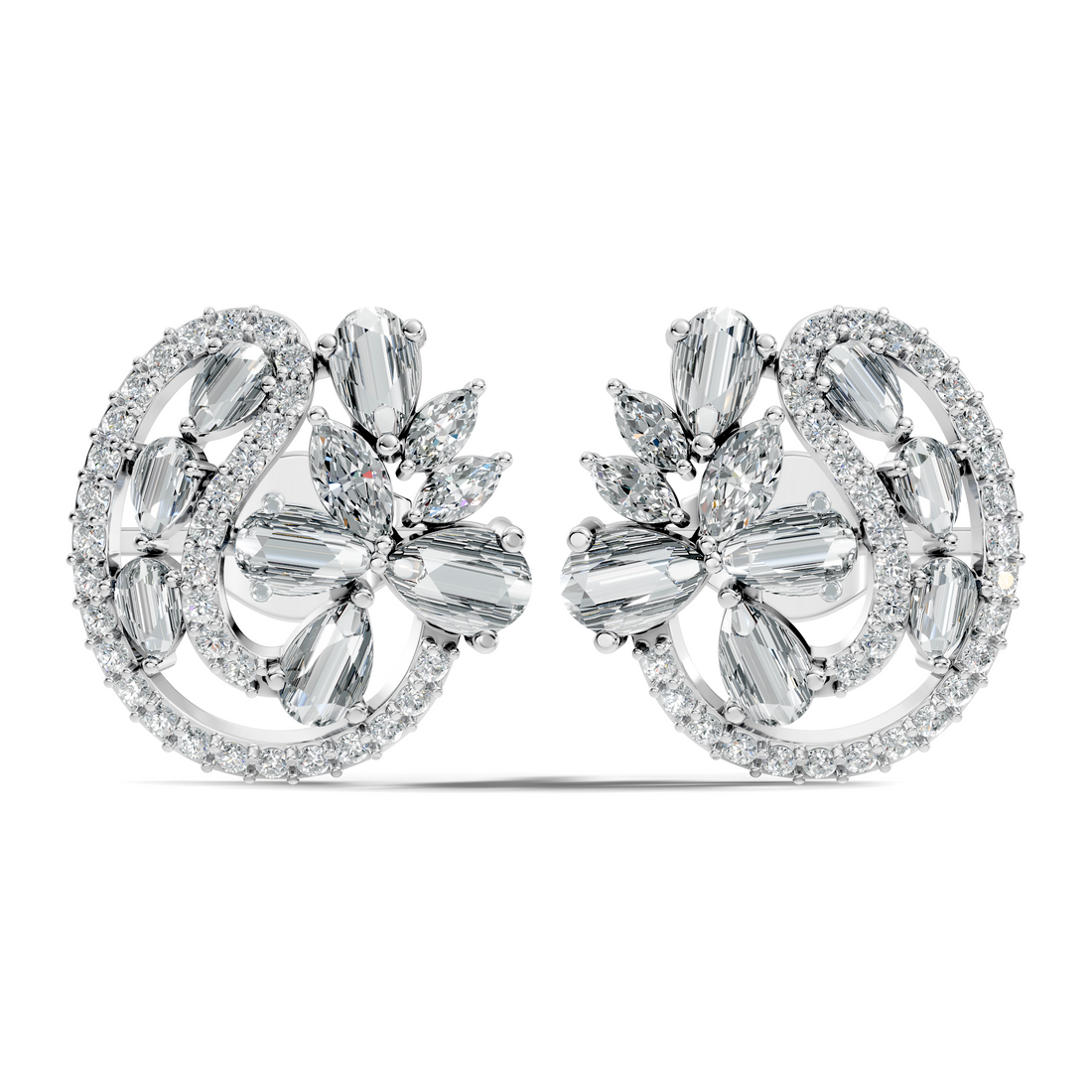 Floral Bouquet & Swirl Halo Diamond Cluster Stud