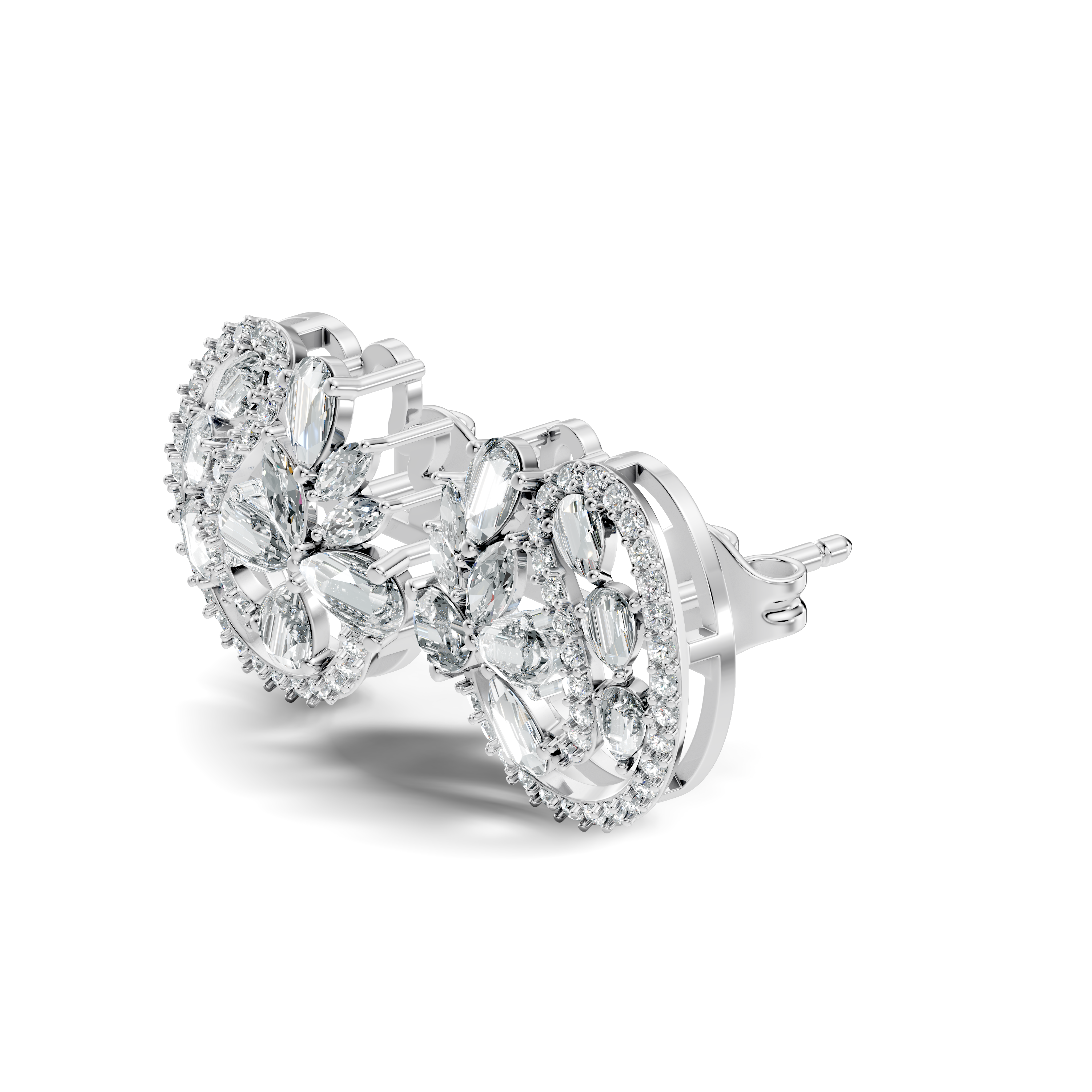 Floral Bouquet & Swirl Halo Diamond Cluster Stud