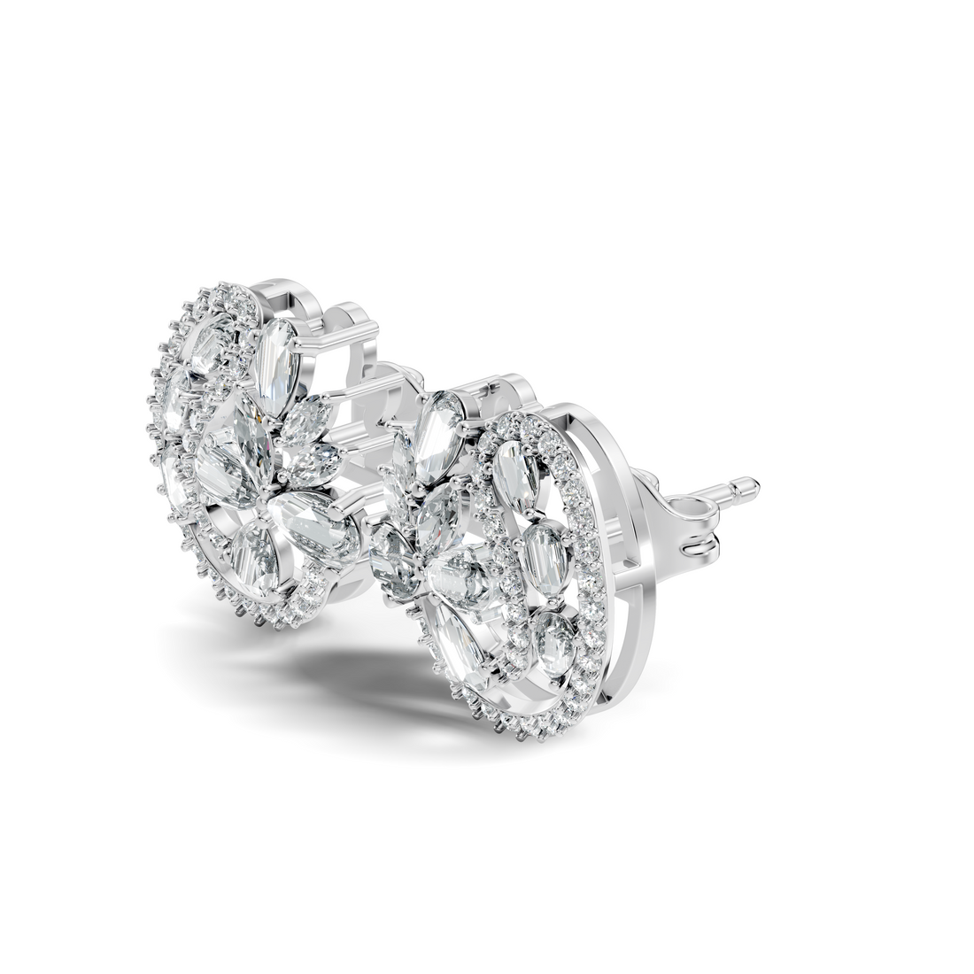 Floral Bouquet & Swirl Halo Diamond Cluster Stud