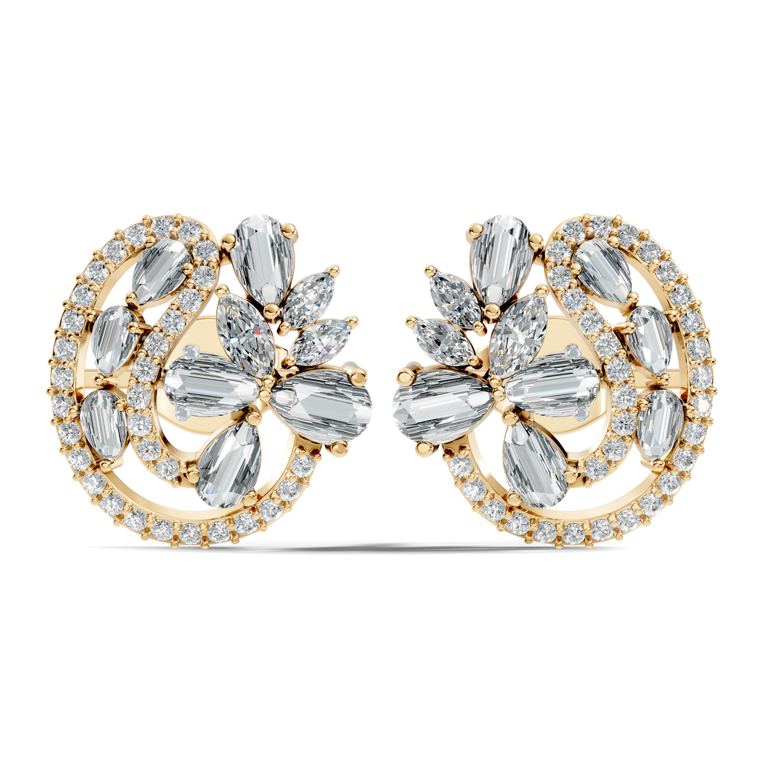 Floral Bouquet & Swirl Halo Diamond Cluster Stud