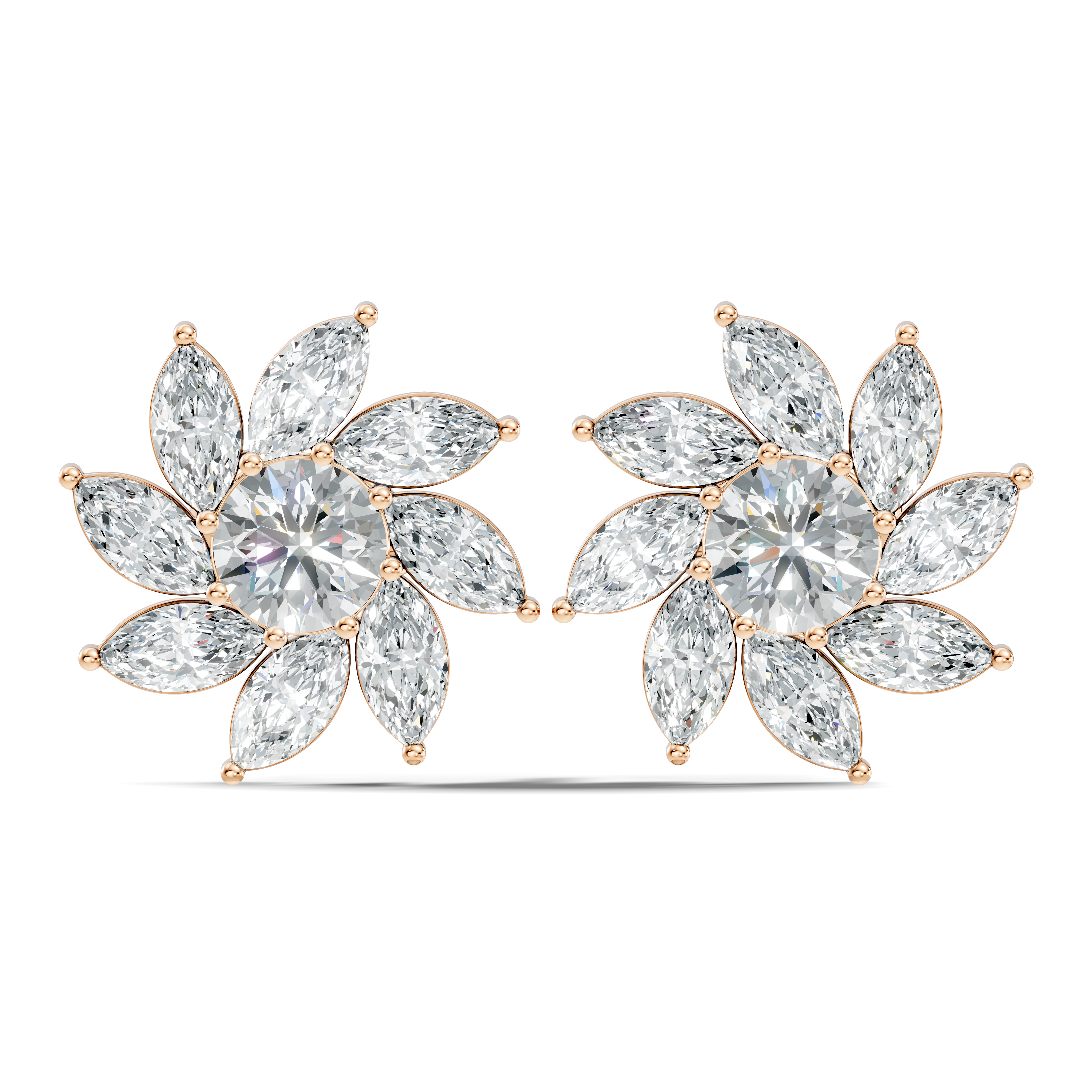 Round & Marquise Pinwheel Floral Diamond Cluster Stud